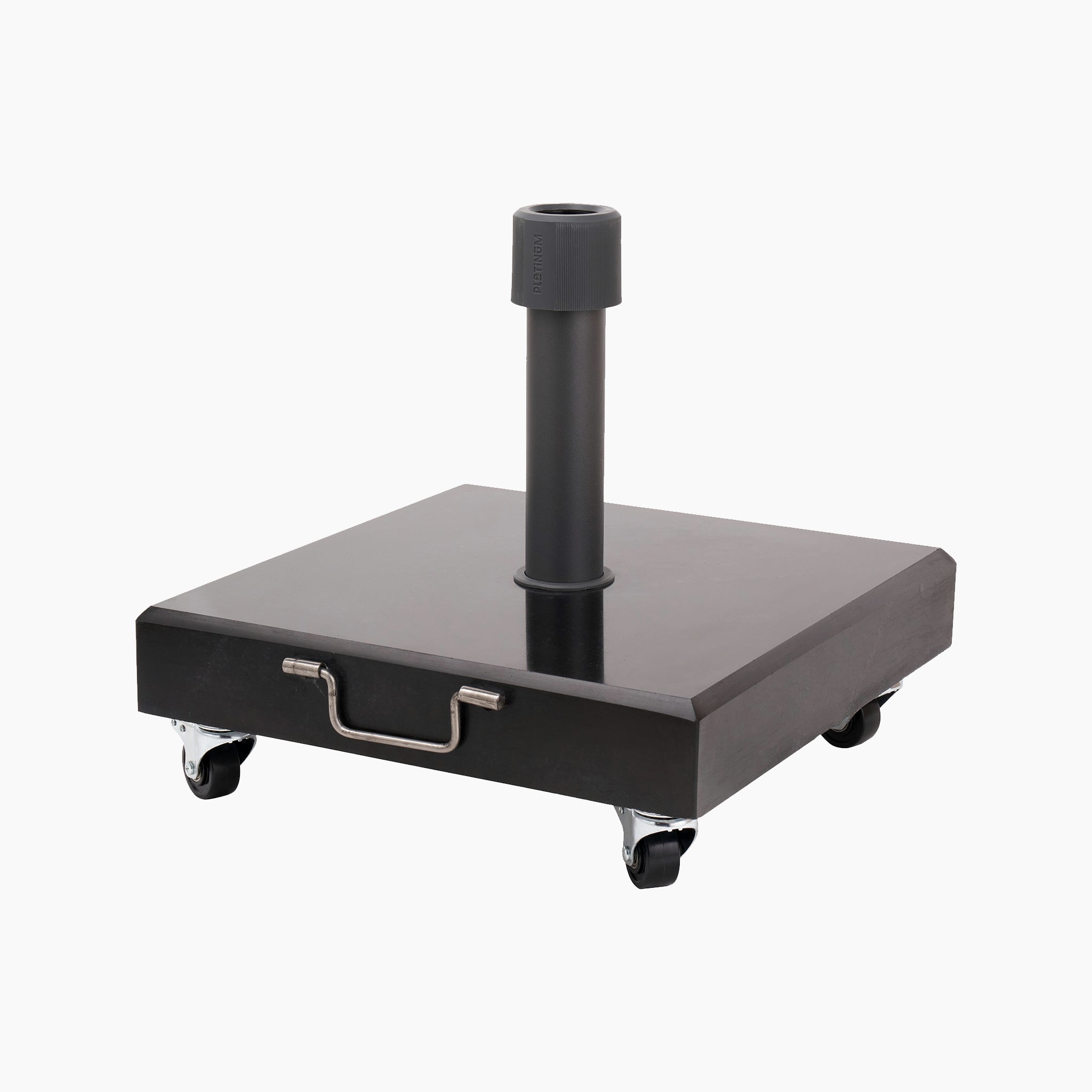 The Pacific Lifestyle - Rome Polished Black Granite 40KG Parasol Base features casters and a metal handle, ideal for supporting parasols or pairing with Riva Round Parasol Models, shown on a white background.