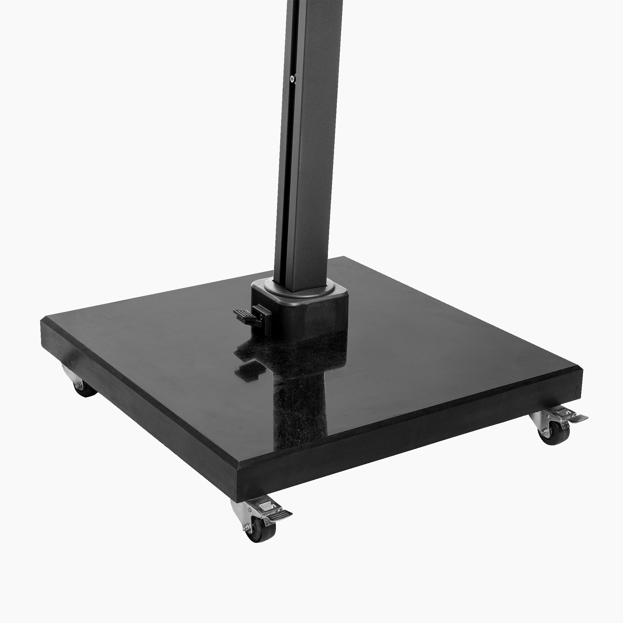 The Pacific Lifestyle Modena Black Polished Granite 120KG Parasol Base features a sleek black rectangular design with wheels, an adjustable turn lock for secure fitting, and easy maneuvering of your outdoor parasol.