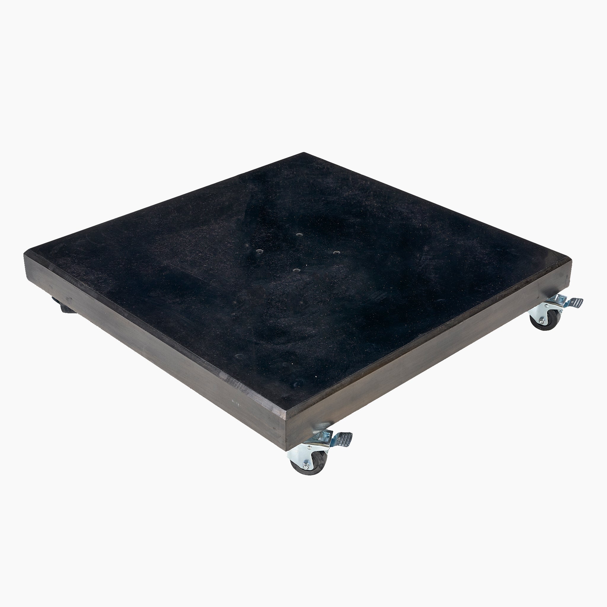 The Pacific Lifestyle - Modena Black Polished Granite 120KG Parasol Base resembles a sleek black square dolly, featuring four swivel caster wheels that ensure smooth maneuverability on a white background.