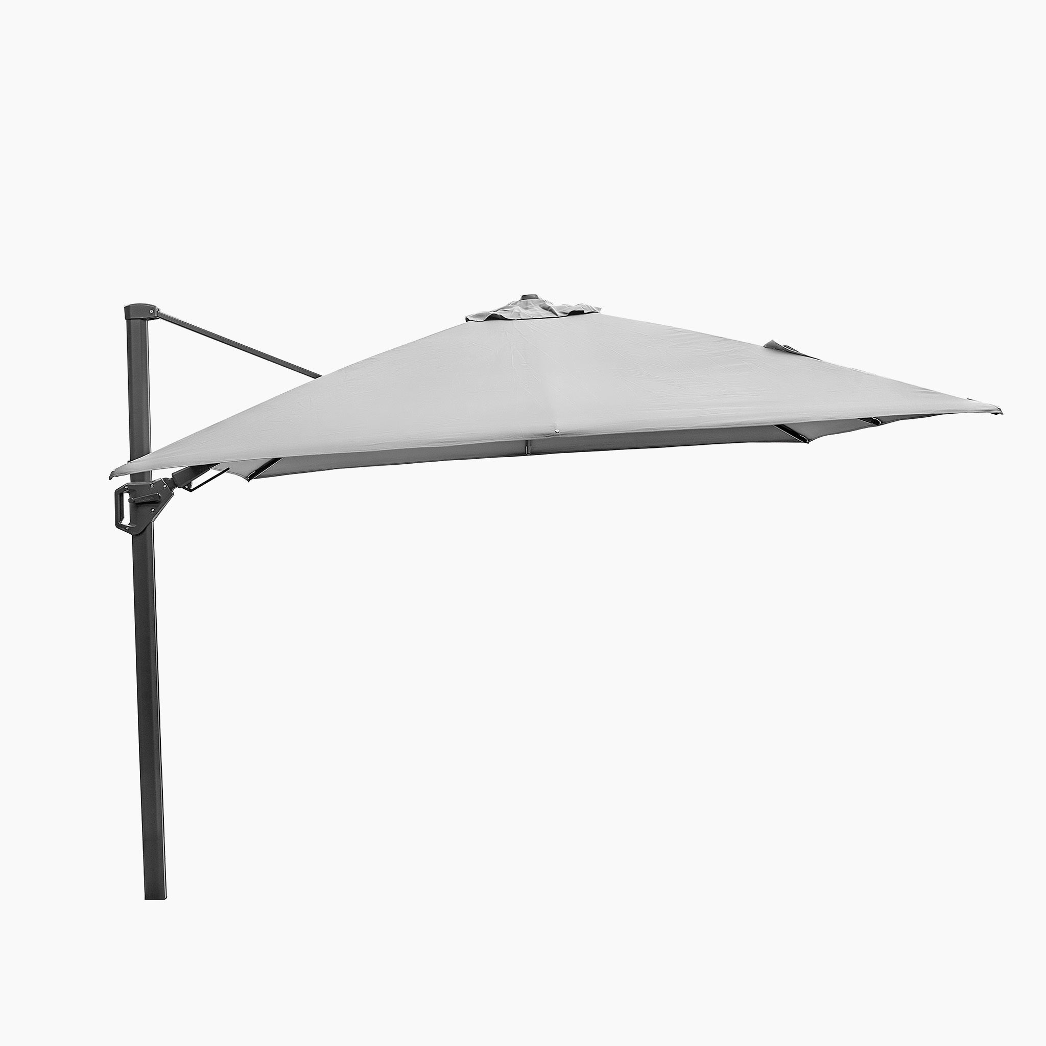 The Pacific Lifestyle - Challenger T2 3m Square Cantilever Parasol in Grey features a durable, powder-coated aluminum frame with a side pole, partially open against a white background.