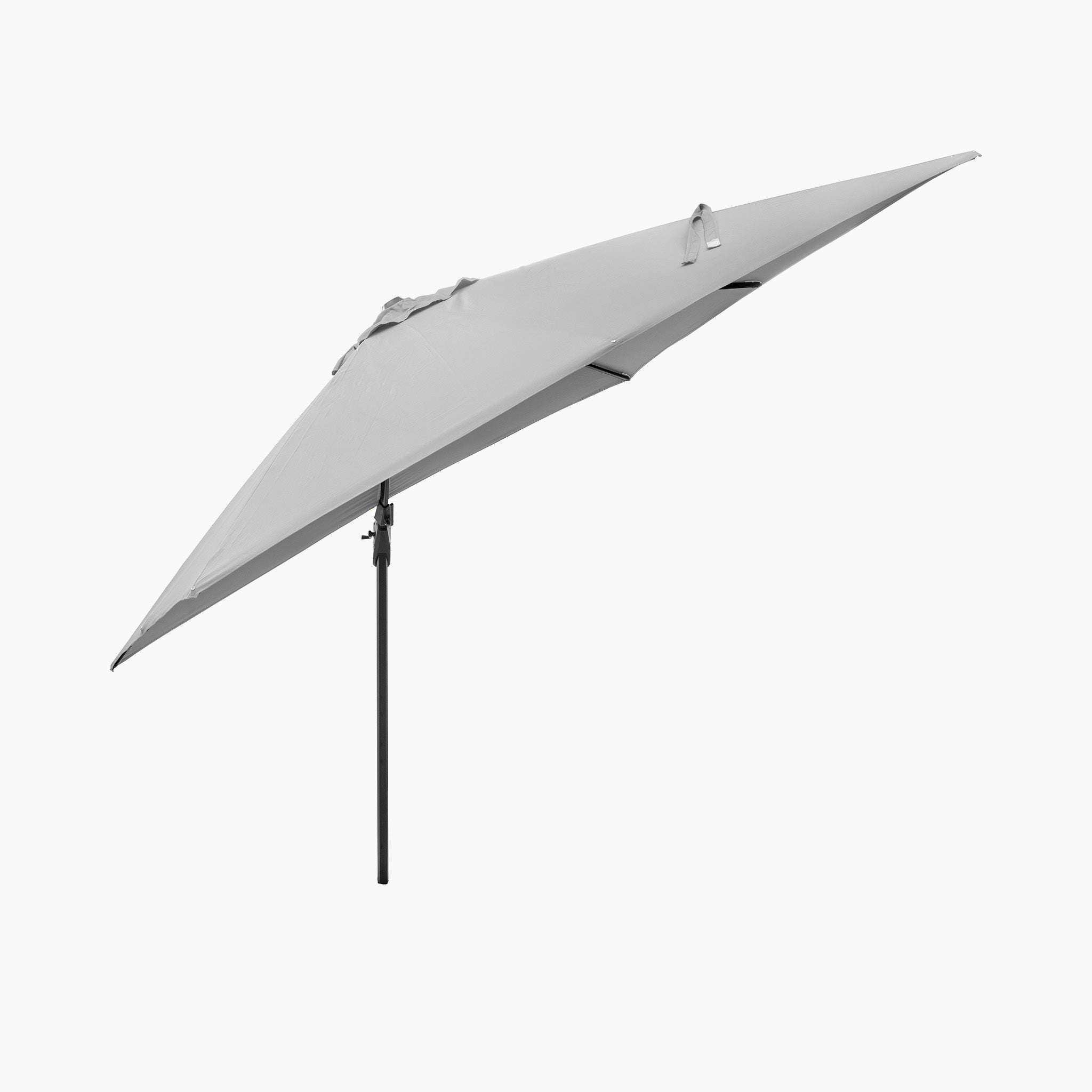 The Pacific Lifestyle Challenger T2 3m Square Cantilever Parasol, in grey, features a sleek angled design with a double tilt system on a black powder-coated aluminum pole for enhanced UV protection against a white background.