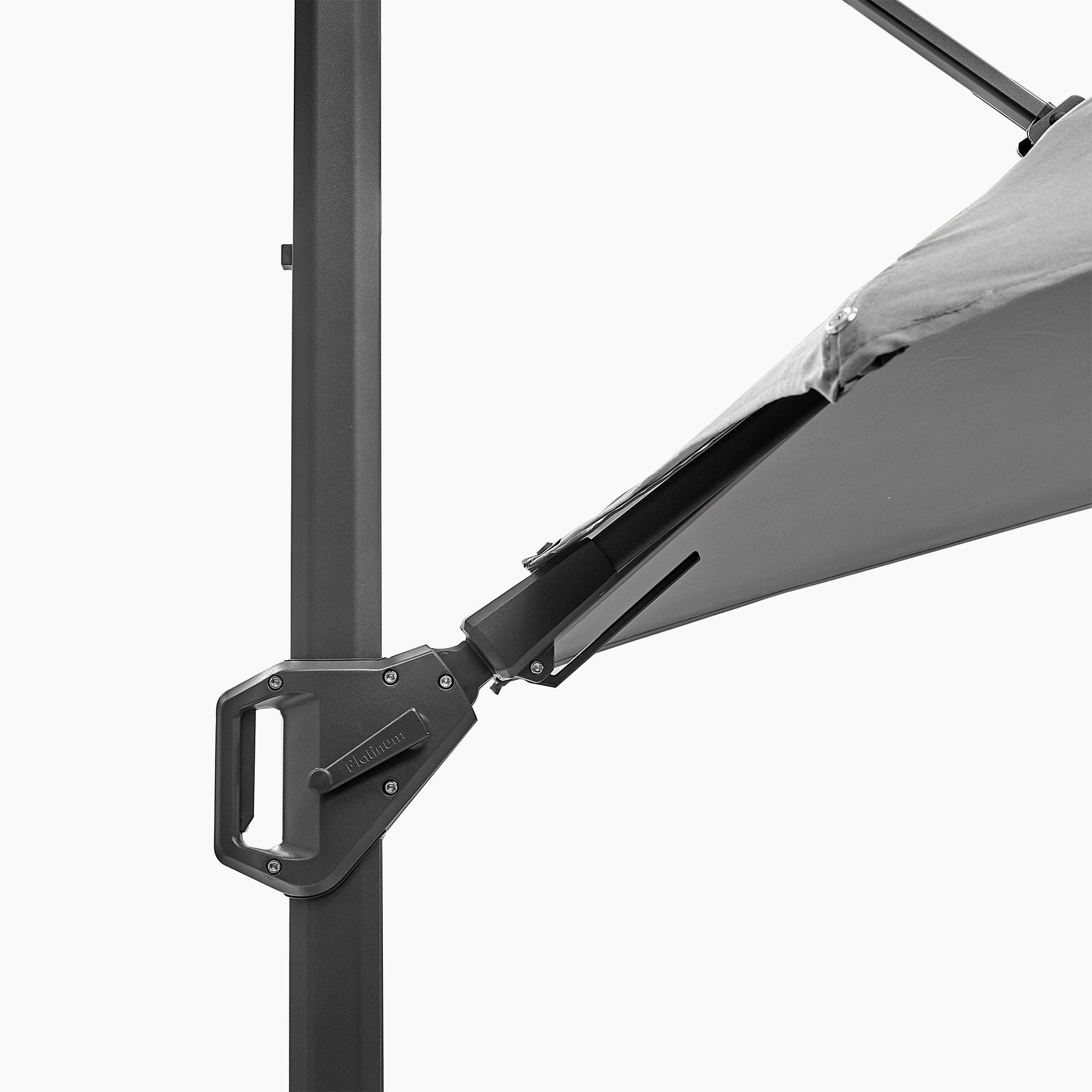 Close-up of the Pacific Lifestyle Challenger T2 3m Square Cantilever Parasol in Grey, featuring a sleek design with a handle and partially extended parasol with double tilt for flexibility. Made from powder-coated aluminum, it offers durable UV protection on sunny days.