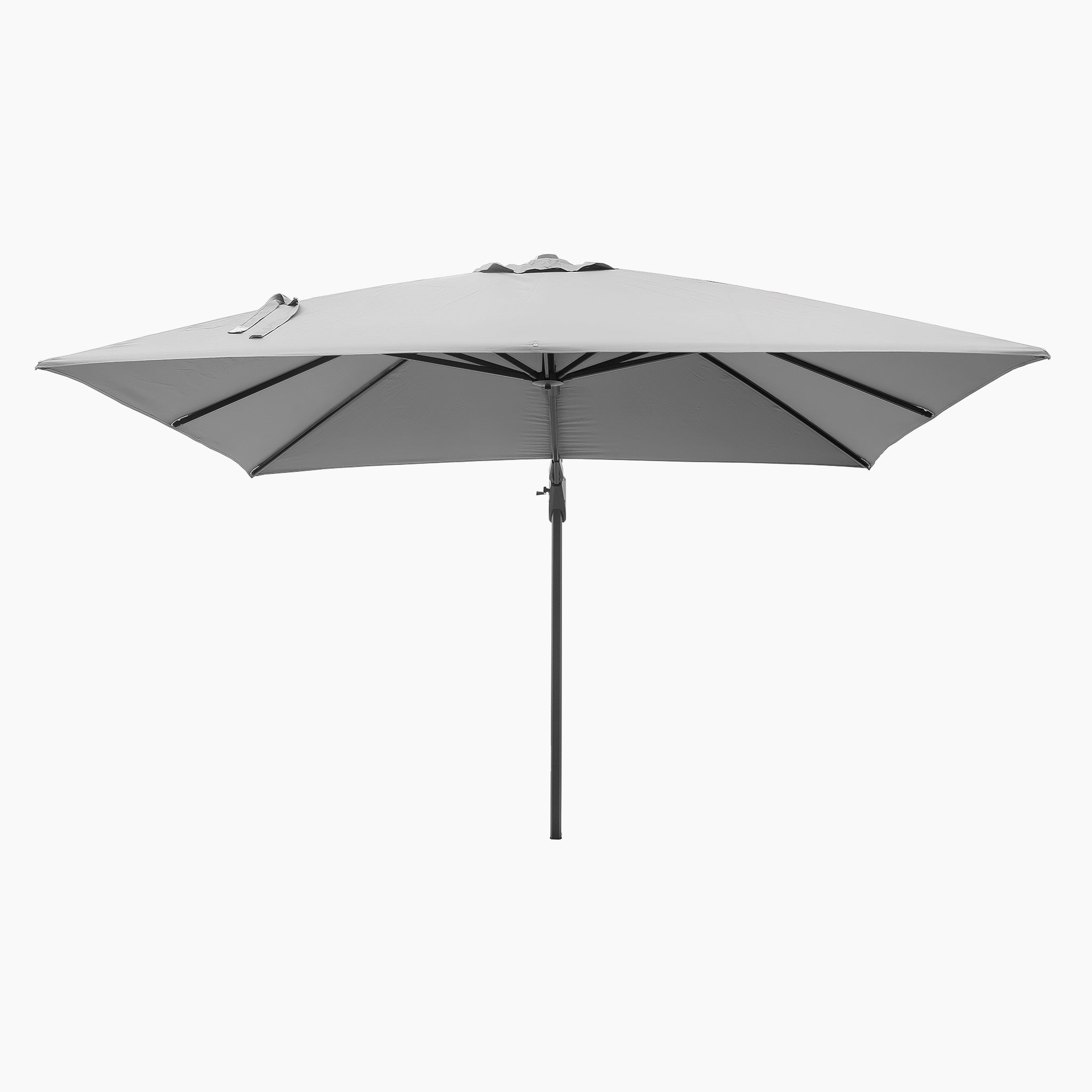 The Pacific Lifestyle Challenger T2 3m Square Cantilever Parasol in Grey features a powder-coated aluminum frame for durability, a double tilt system, UV protection, and is displayed against a plain white background.