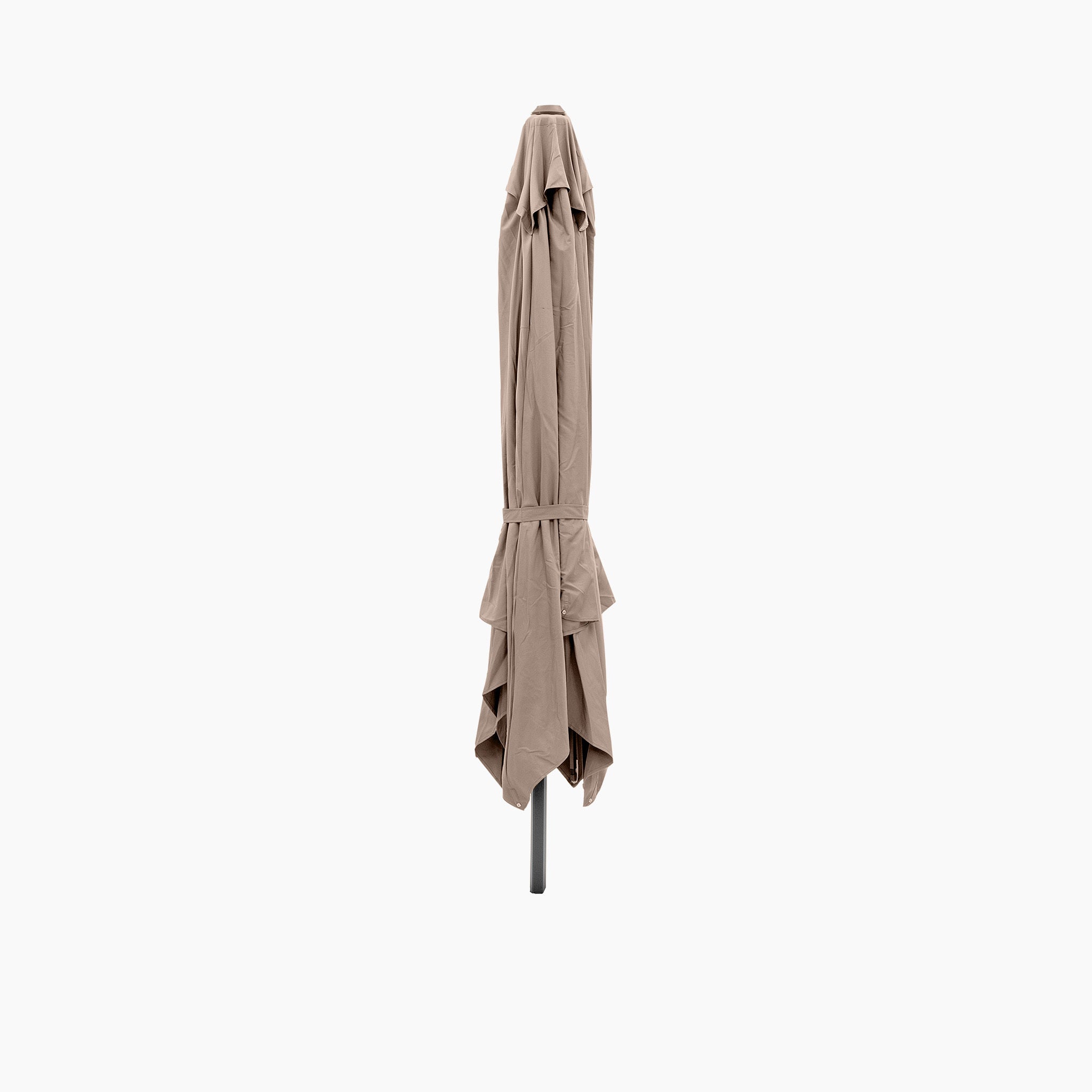 A closed taupe parasol with a sleek tilt system features on a gray powder-coated aluminum pole against a white background.