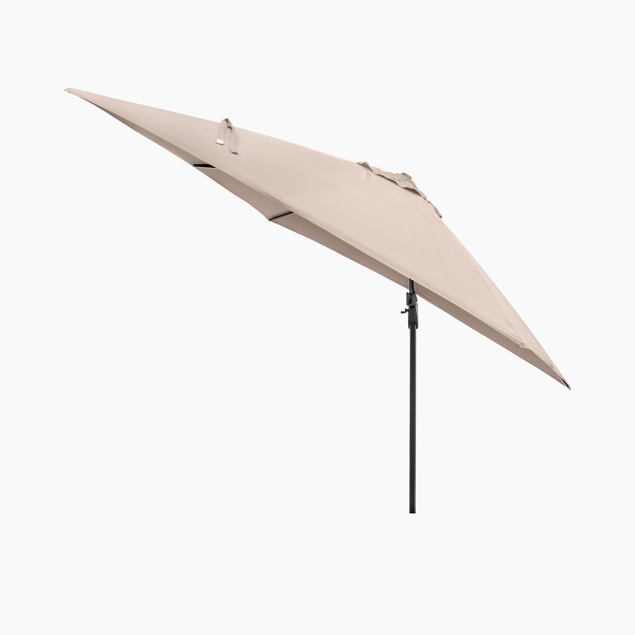 The Pacific Lifestyle Challenger T2 3m Square Cantilever Parasol in Taupe features a durable powder-coated aluminum frame with a black pole, elegantly tilted against a plain white background.