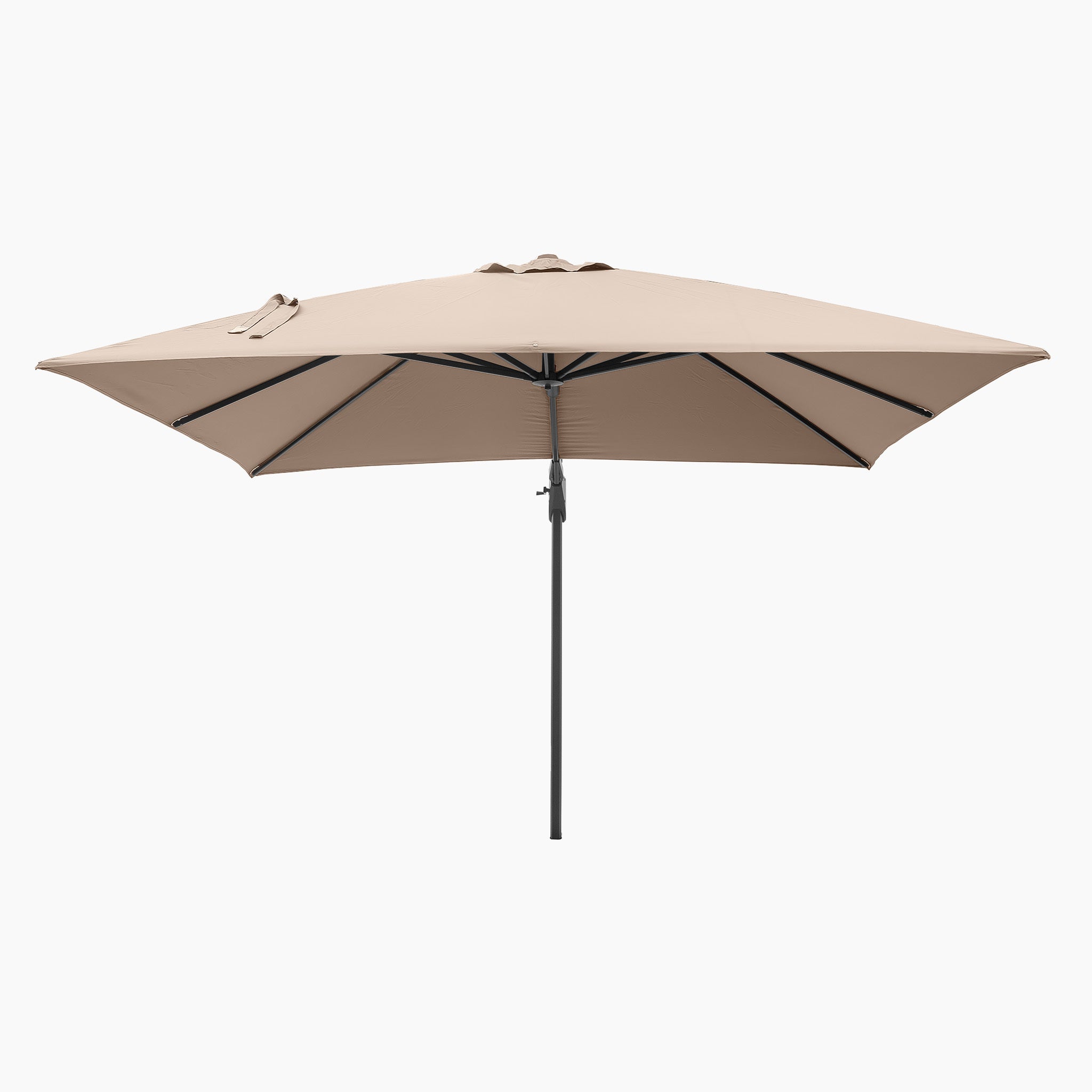 The Pacific Lifestyle Challenger T2 Cantilever Parasol, taupe with a sleek black pole, features a convenient tilt system. Seen from the side against a white background, its powder-coated aluminum ensures durability and style.