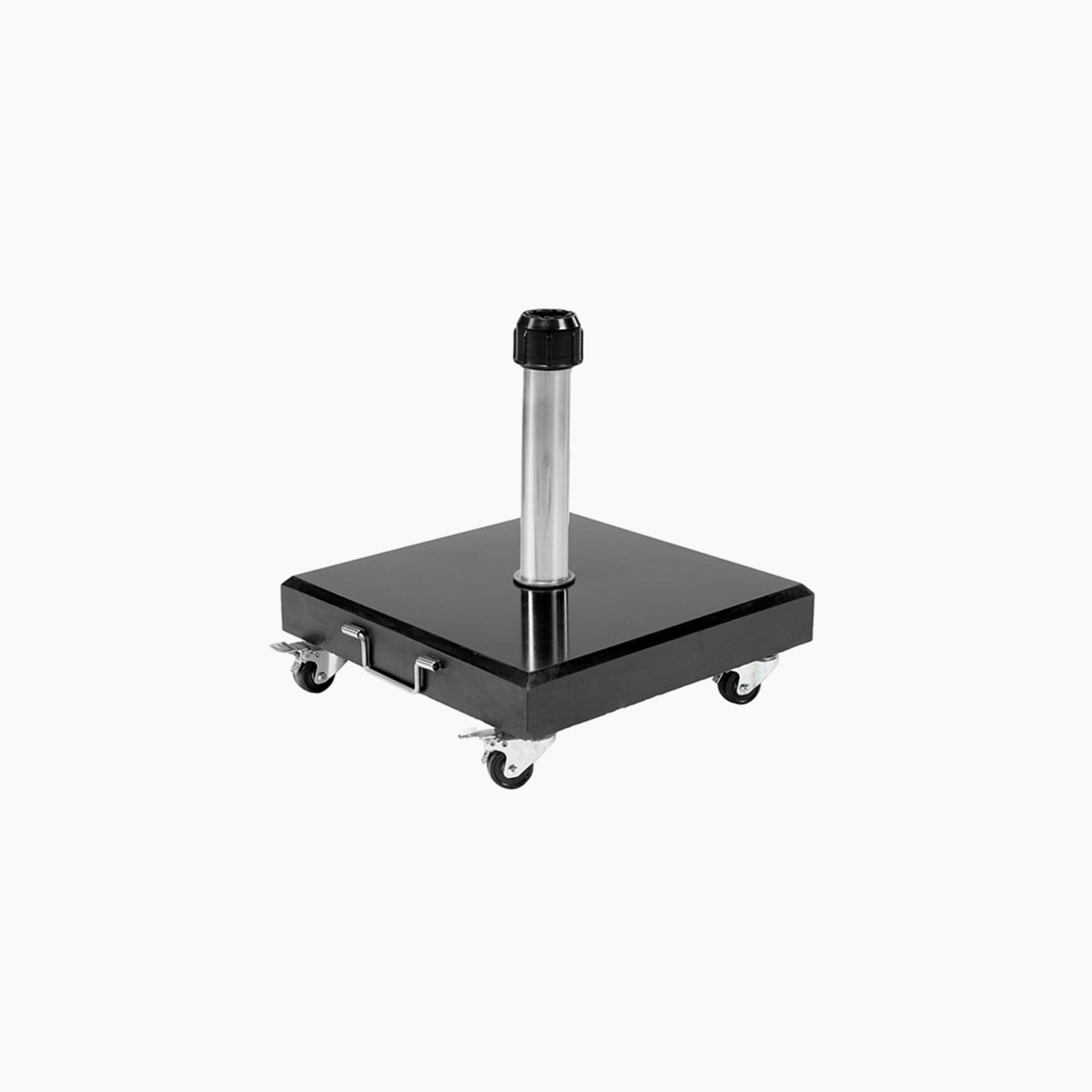 The Rome Polished Black Granite 60KG Wheeled Parasol Base by Pacific Lifestyle includes a sleek black rolling base with a vertical metal pole and four wheels, functioning like premium parasol bases.