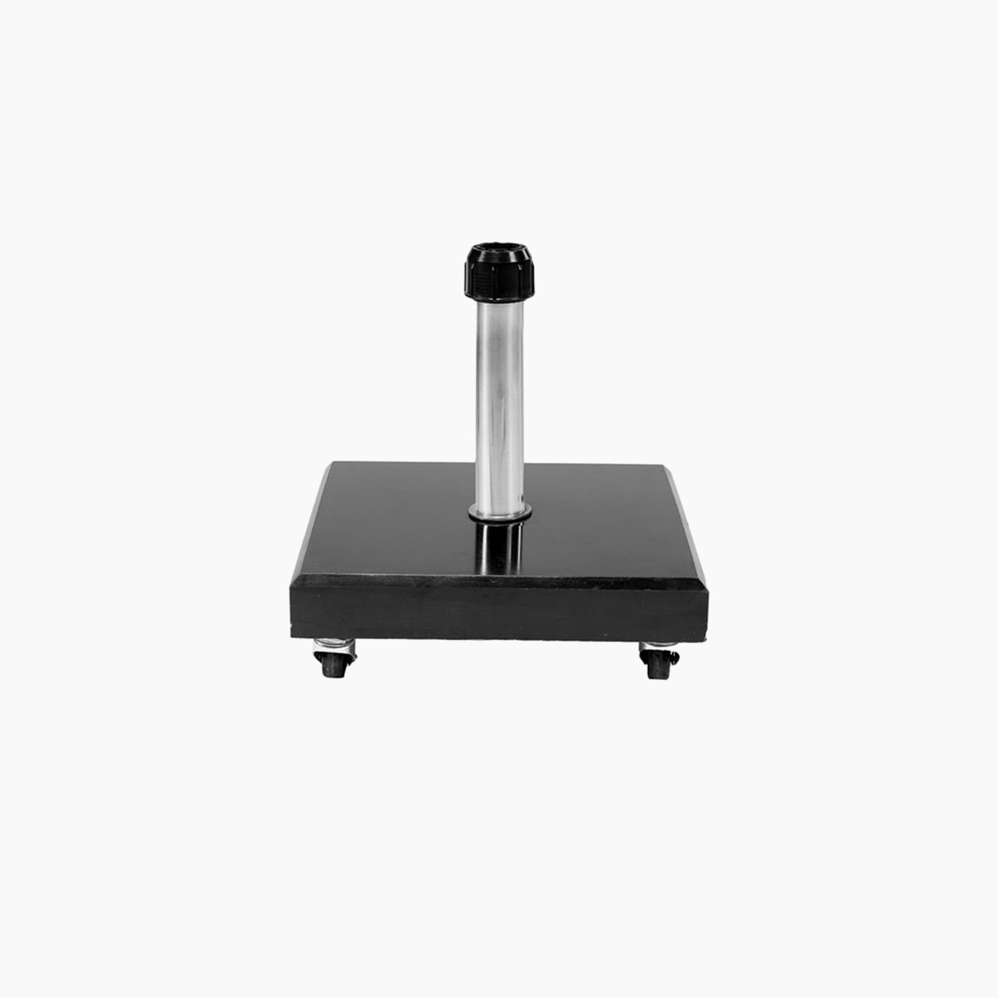 The Pacific Lifestyle Rome Polished Black Granite 60KG Wheeled Parasol Base, featuring stainless steel tubes for stability and a central pole, is elegantly displayed against a pristine white backdrop.