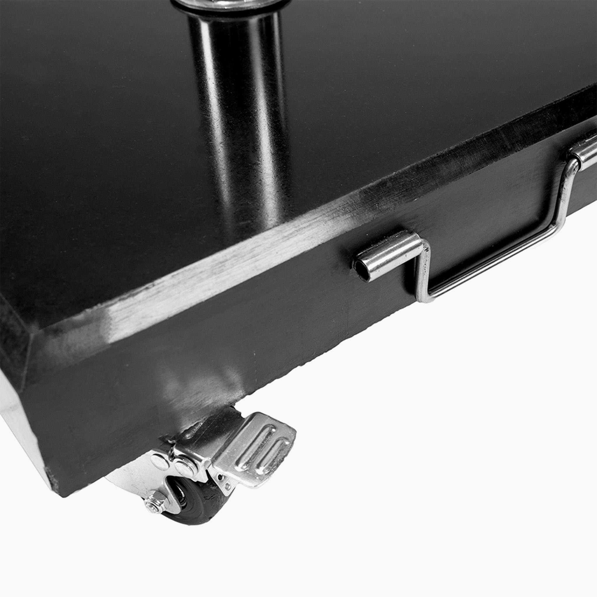Close-up of the Pacific Lifestyle Rome Polished Black Granite 60KG Wheeled Parasol Base, showcasing sturdy stainless steel tubes and a metal handle on caster wheels against a white background.