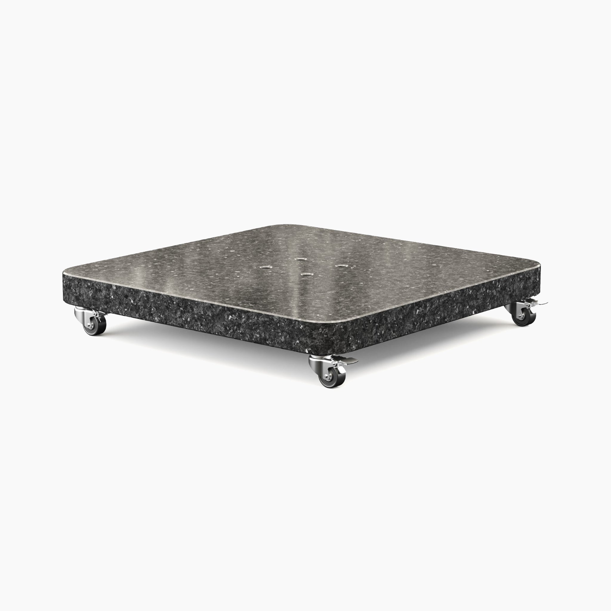 Square black marble platform with four caster wheels on a white background, designed to securely support the Voyager T2 2.7m Square Cantilever Parasol in Grey.