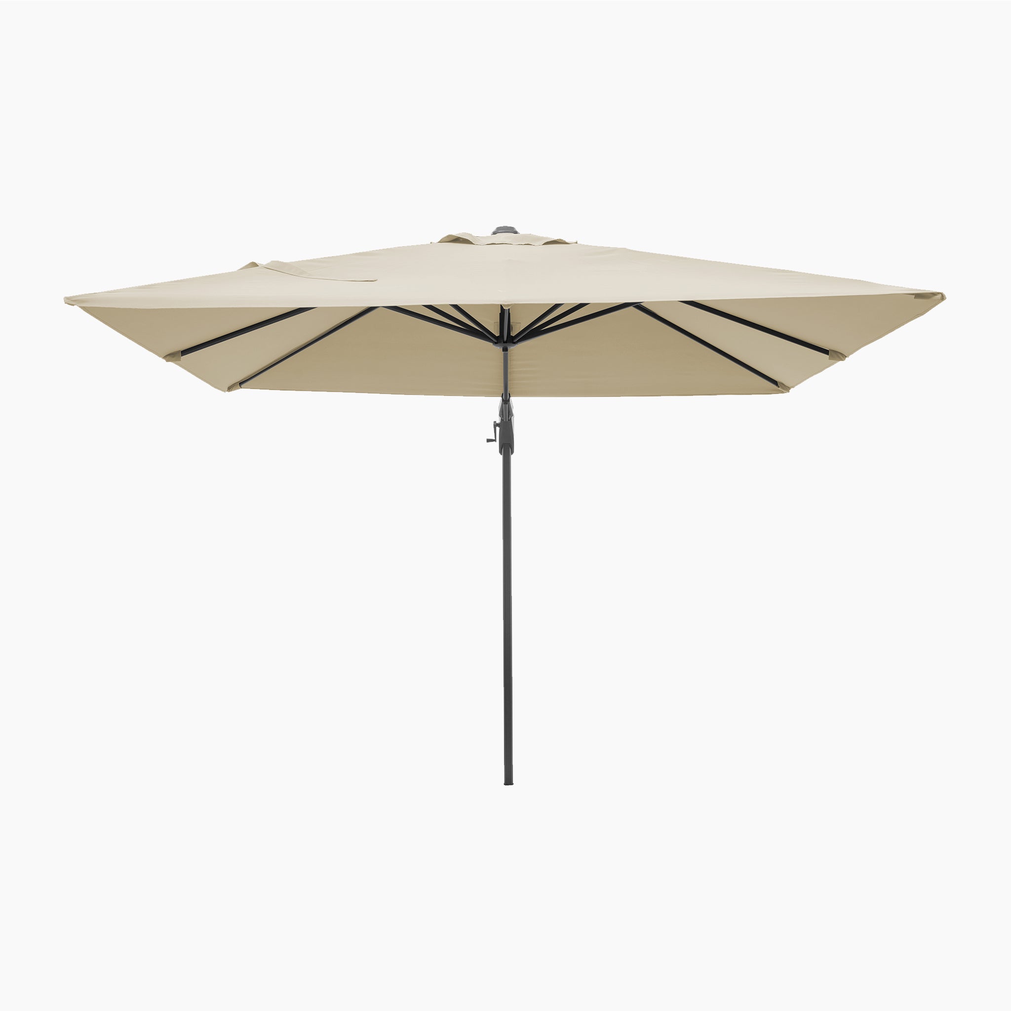 The Voyager T2 2.7m Square Cantilever Parasol in Champagne features a sleek design with UV protection and a black pole, shown fully open against a white background for stylish outdoor shade.