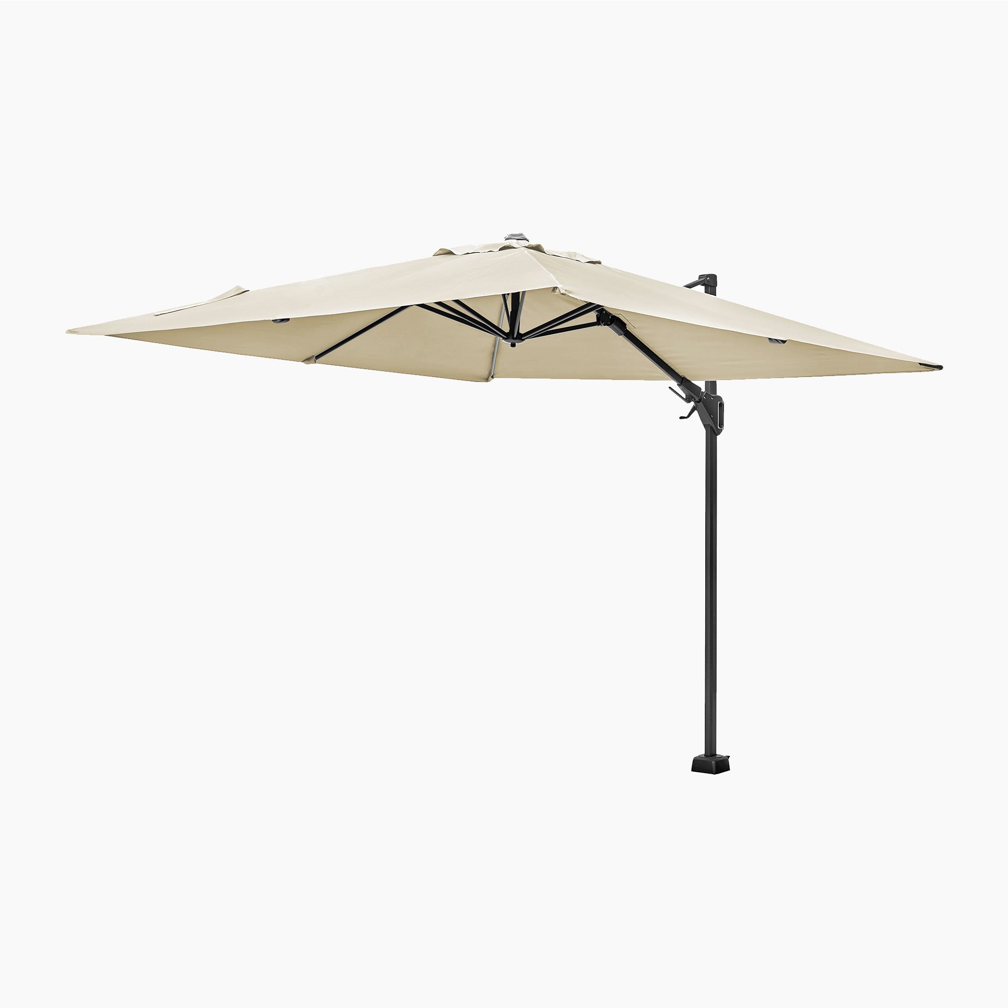 The Voyager T2 2.7m Square Cantilever Parasol in Champagne, with UV protection and a side pole, is shown against a plain white background.