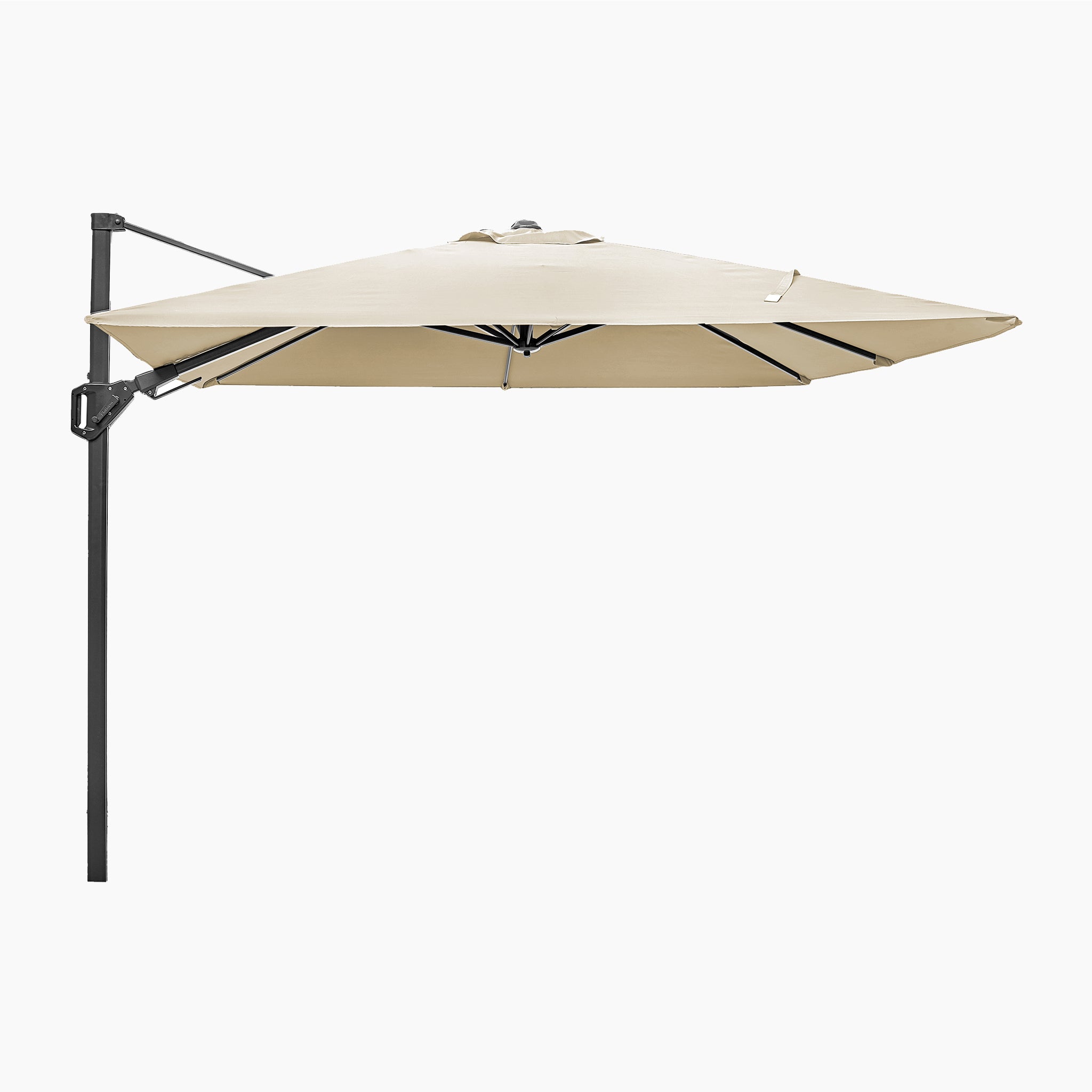 The Voyager T2 2.7m square cantilever parasol in Champagne features a black metal pole, provides UV protection, and is displayed side-on against a white background.