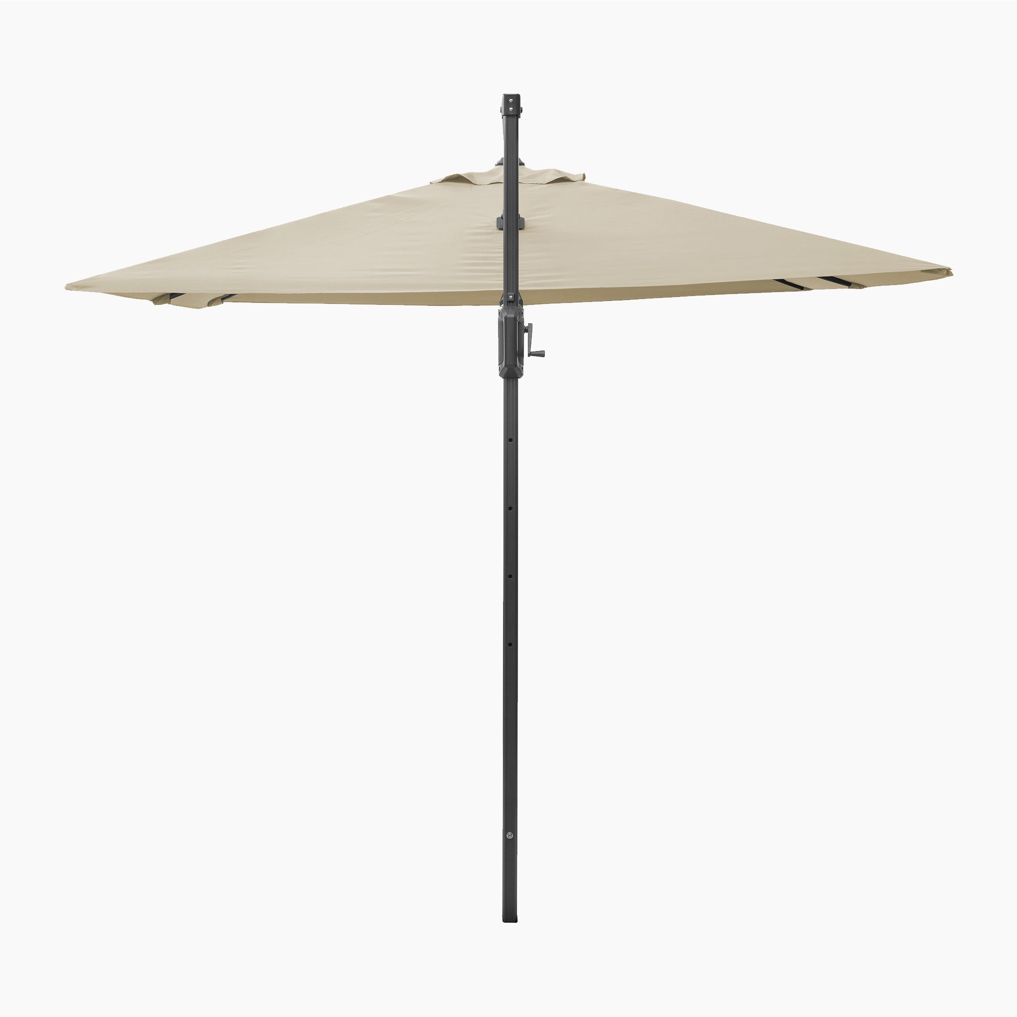 Voyager T2 2.7m Square Cantilever Parasol in Champagne, featuring a UV-protective canopy and side pole with crank handle, shown from the front against a white background.