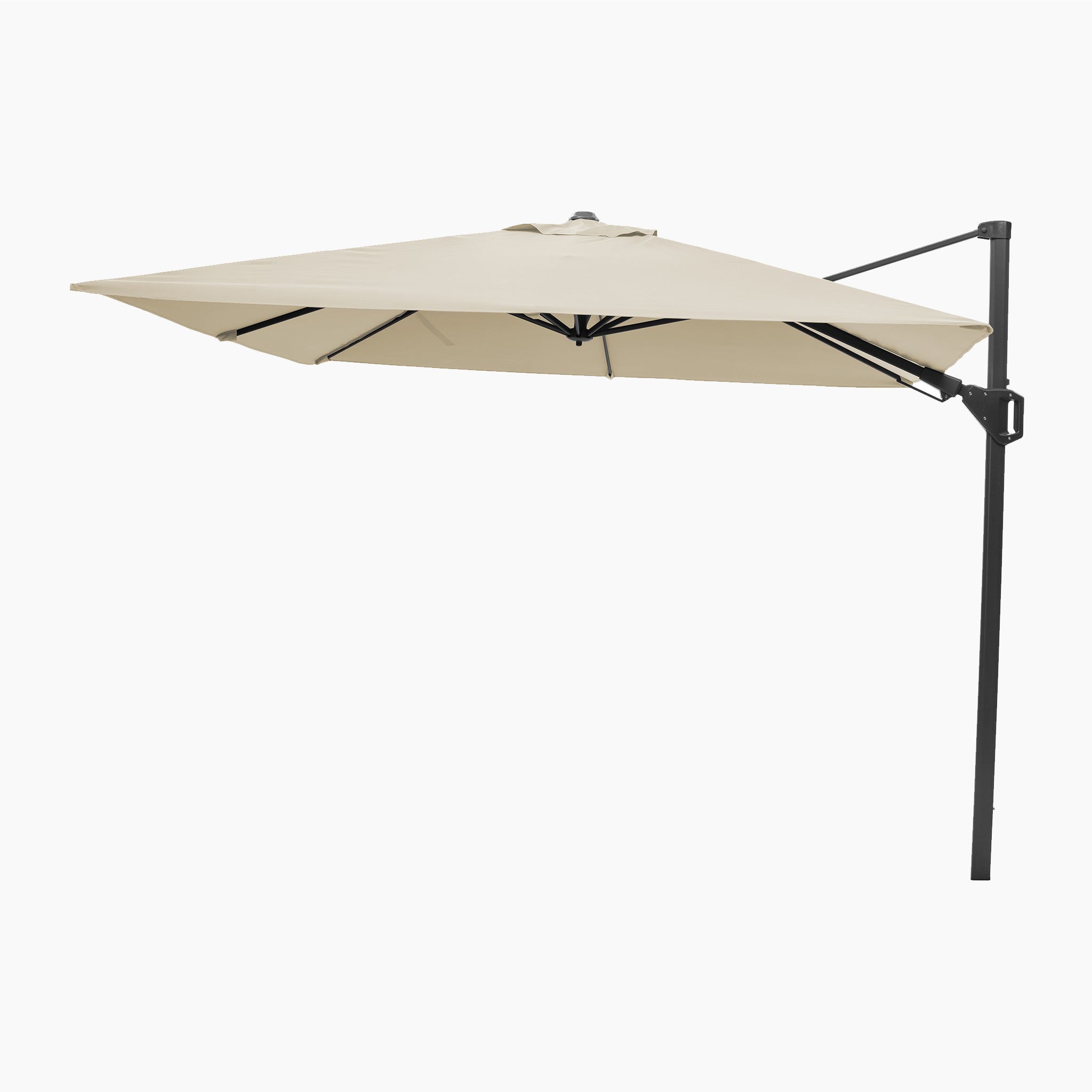 The Voyager T2 2.7m Square Cantilever Parasol in Champagne features a black metal pole and support arm for UV protection, displayed on a white background.