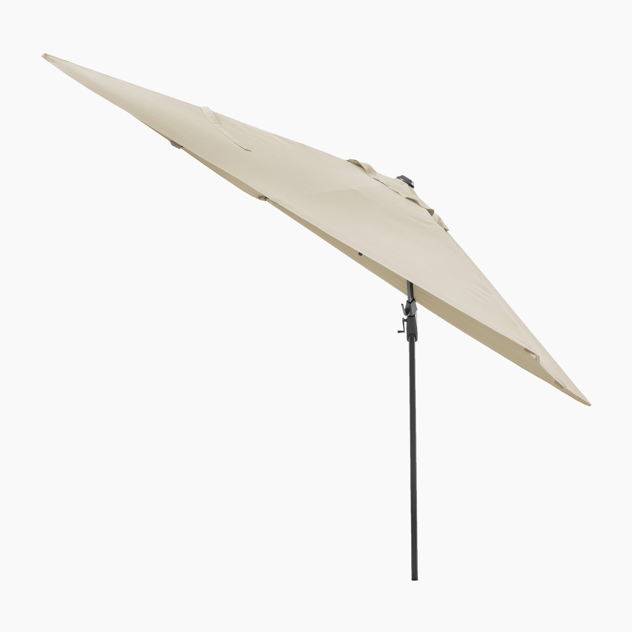 The Voyager T2 2.7m Square Cantilever Parasol in Champagne features a black pole and angled canopy against a white background, providing reliable UV protection.