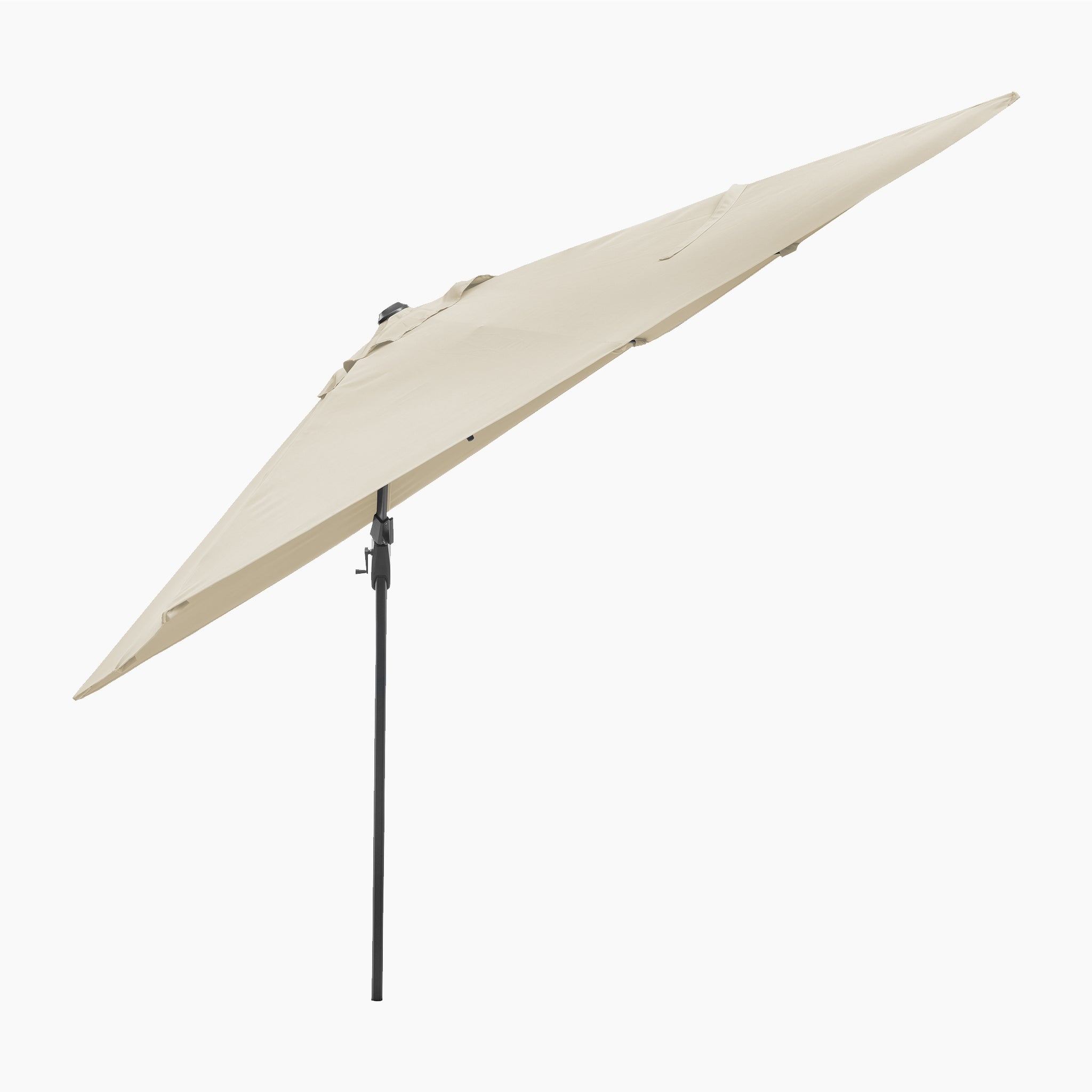 Voyager T2 2.7m Square Cantilever Parasol in Champagne, shown tilted sideways with a sleek black pole, provides UV protection against a plain white background.