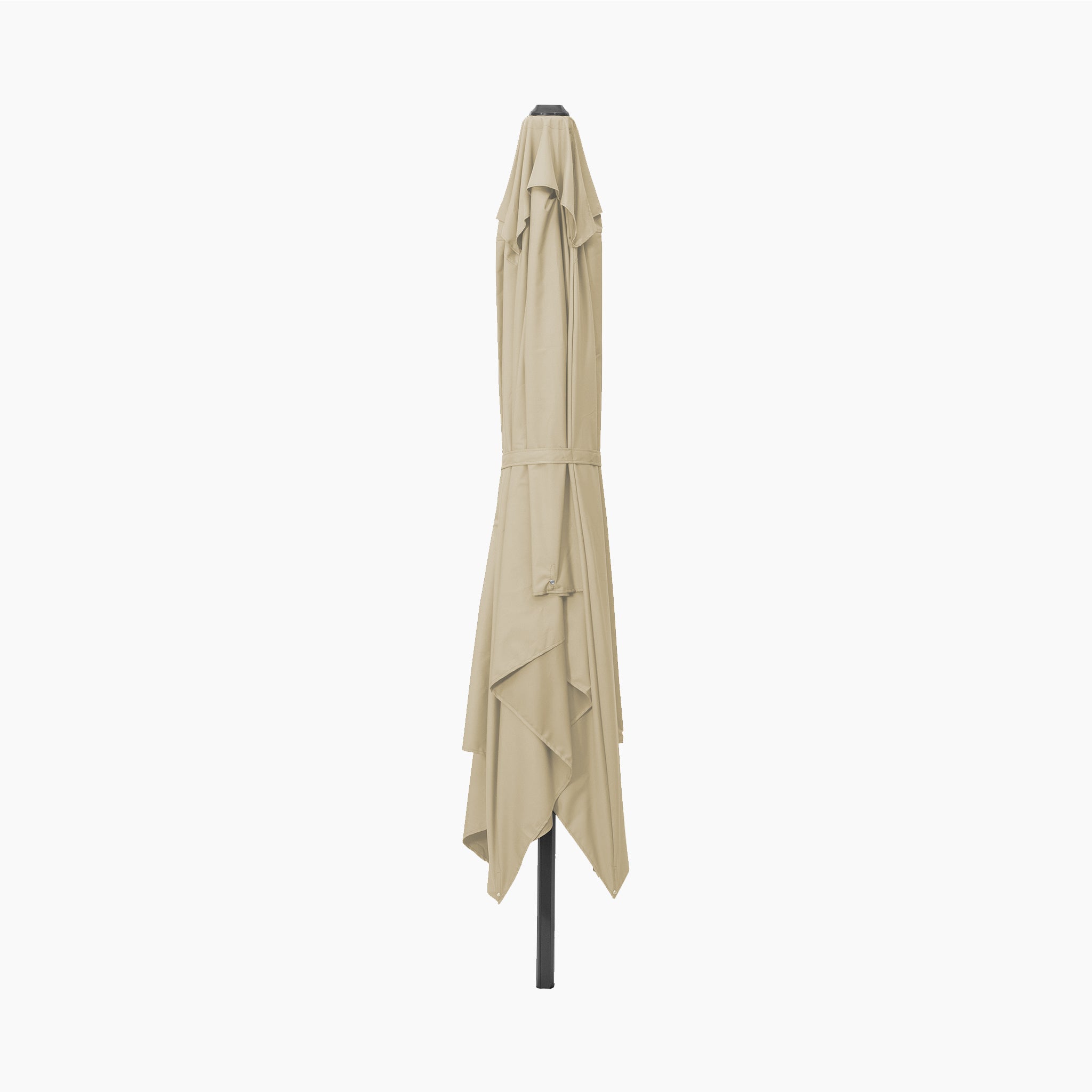 The Voyager T2 2.7m Square Cantilever Parasol in Champagne stands upright closed against a white background, with fabric draping down, and provides reliable UV protection when opened.