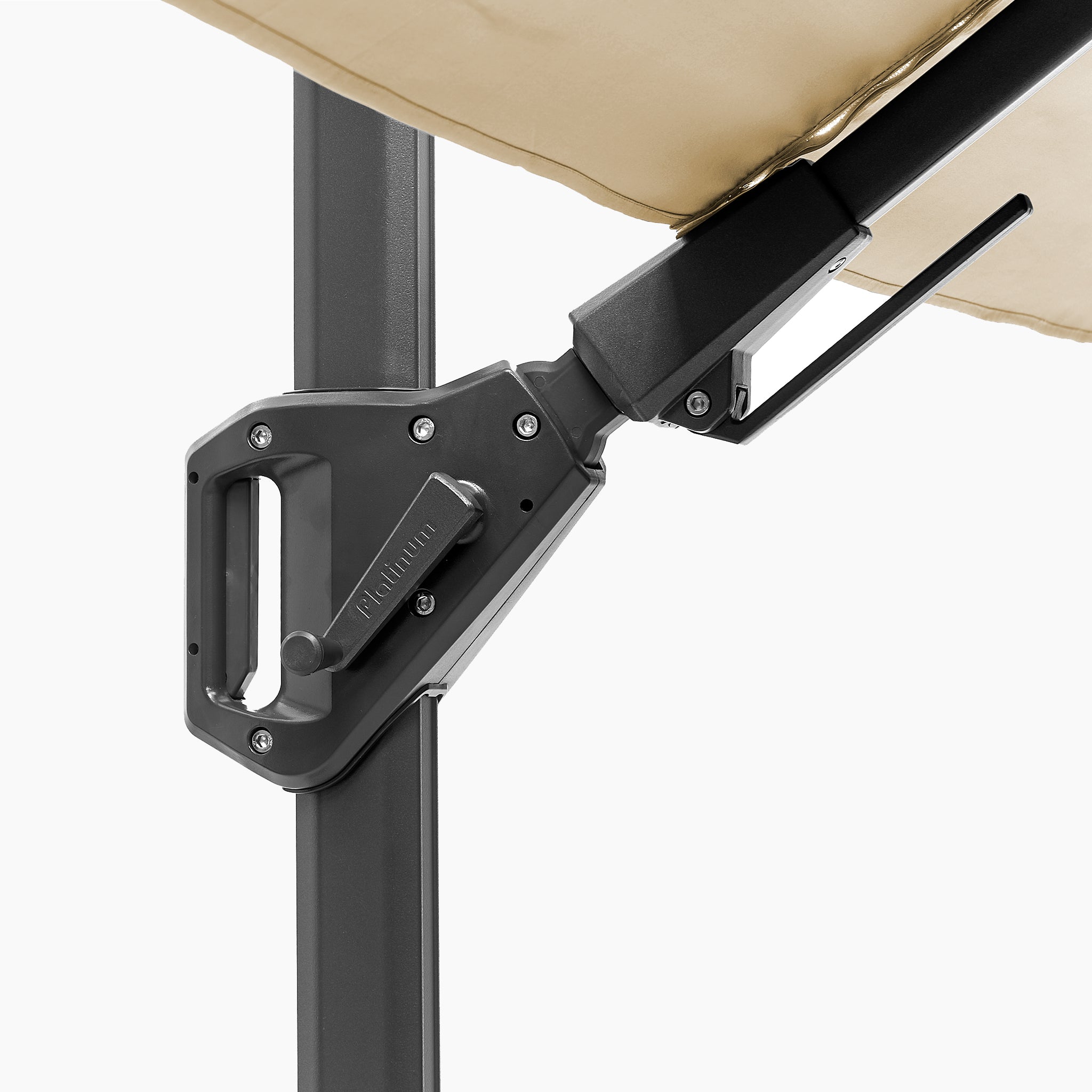 Close-up of the black crank handle and pole mechanism on the Voyager T2 2.7m Square Cantilever Parasol in Champagne, designed for easy adjustment and effective shade with UV protection.
