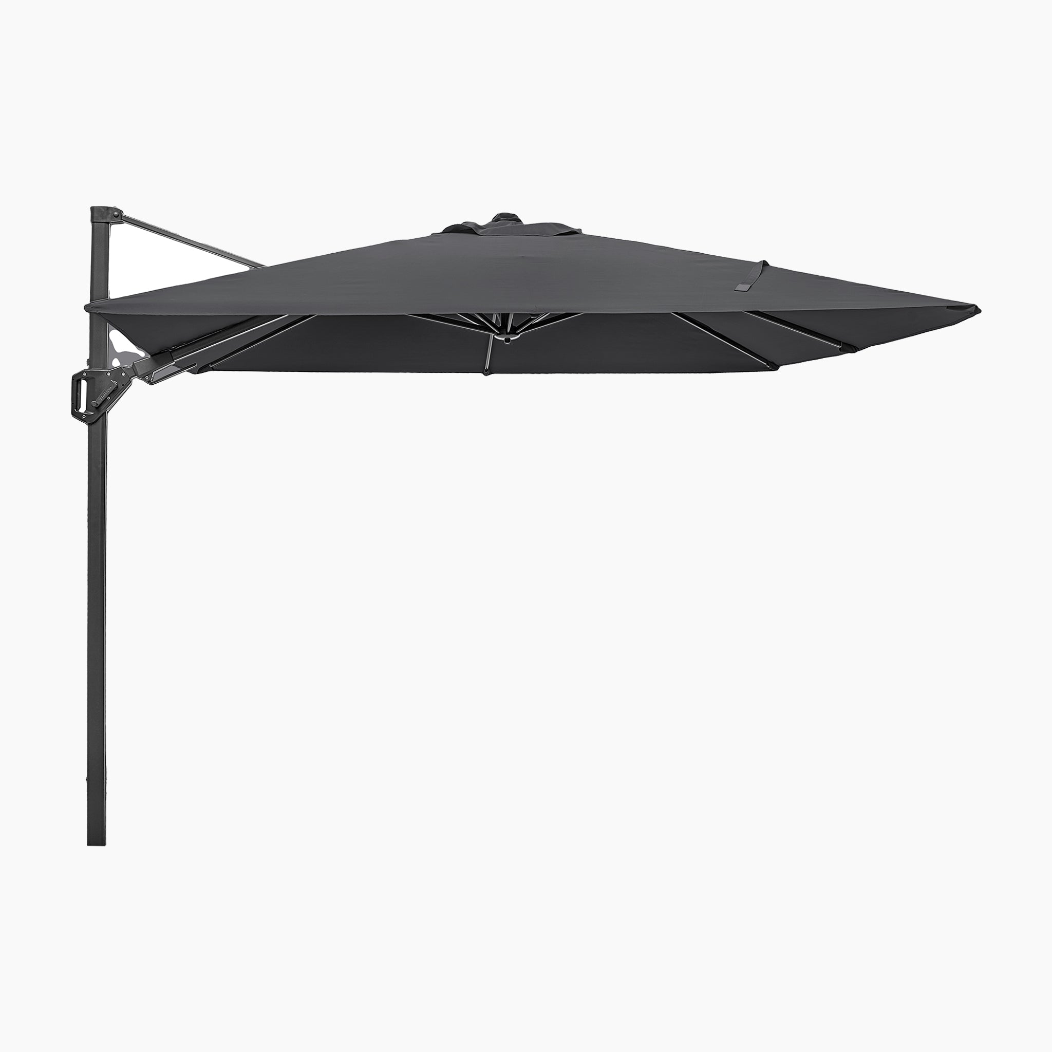 The Pacific Lifestyle Voyager T2 2.7m square cantilever parasol in anthracite, shown with a 90kg granite base and a rotating canopy, features a modern design and is set against a white background.