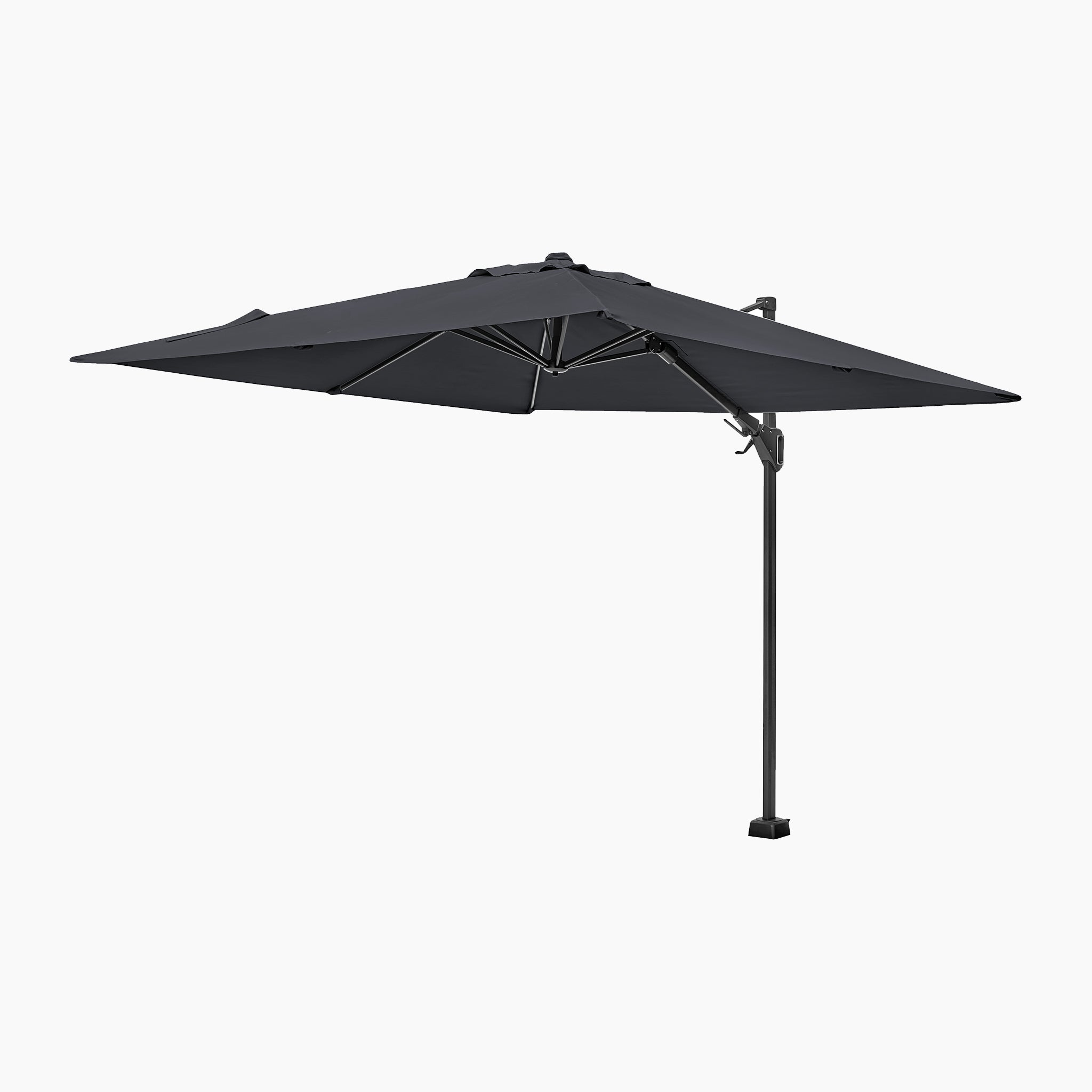 The Pacific Lifestyle Voyager T2 2.7m square cantilever parasol in anthracite features a metal pole and sturdy 90kg granite base, shown against a white background.