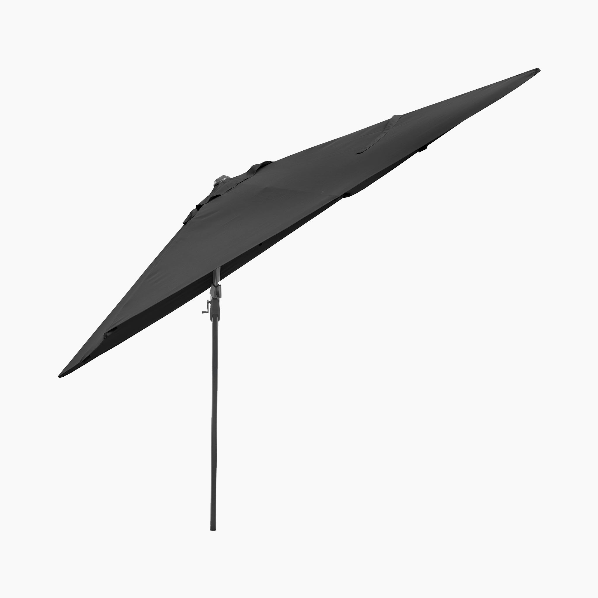 Pacific Lifestyle Voyager T2 2.7m Square Cantilever Parasol in Anthracite with 90kg granite base, tilted at an angle against a plain white background.