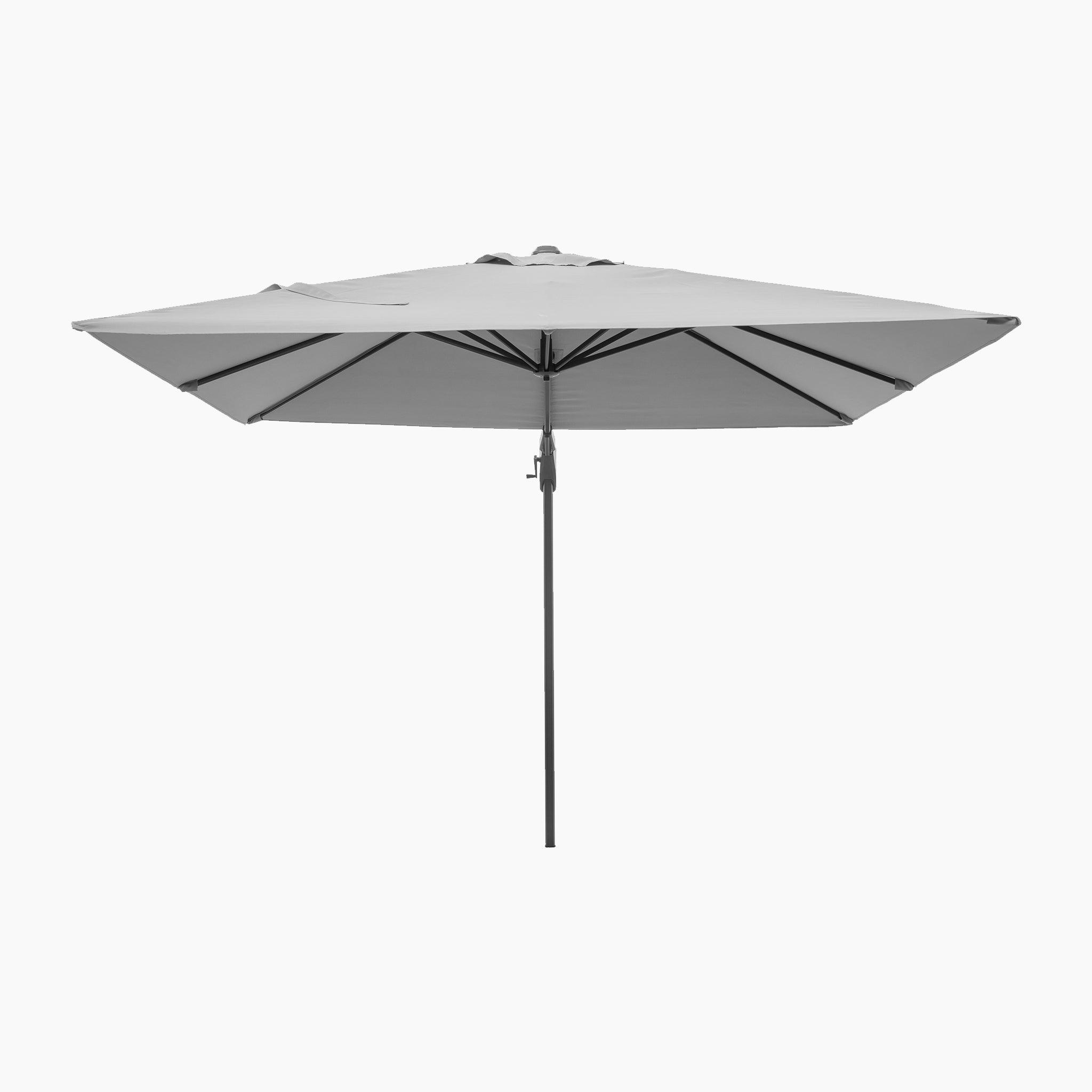 The Voyager T2 2.7m Square Cantilever Parasol in Grey with a 90kg granite base is fully opened, featuring a powder-coated aluminium central pole, set against a plain white background.