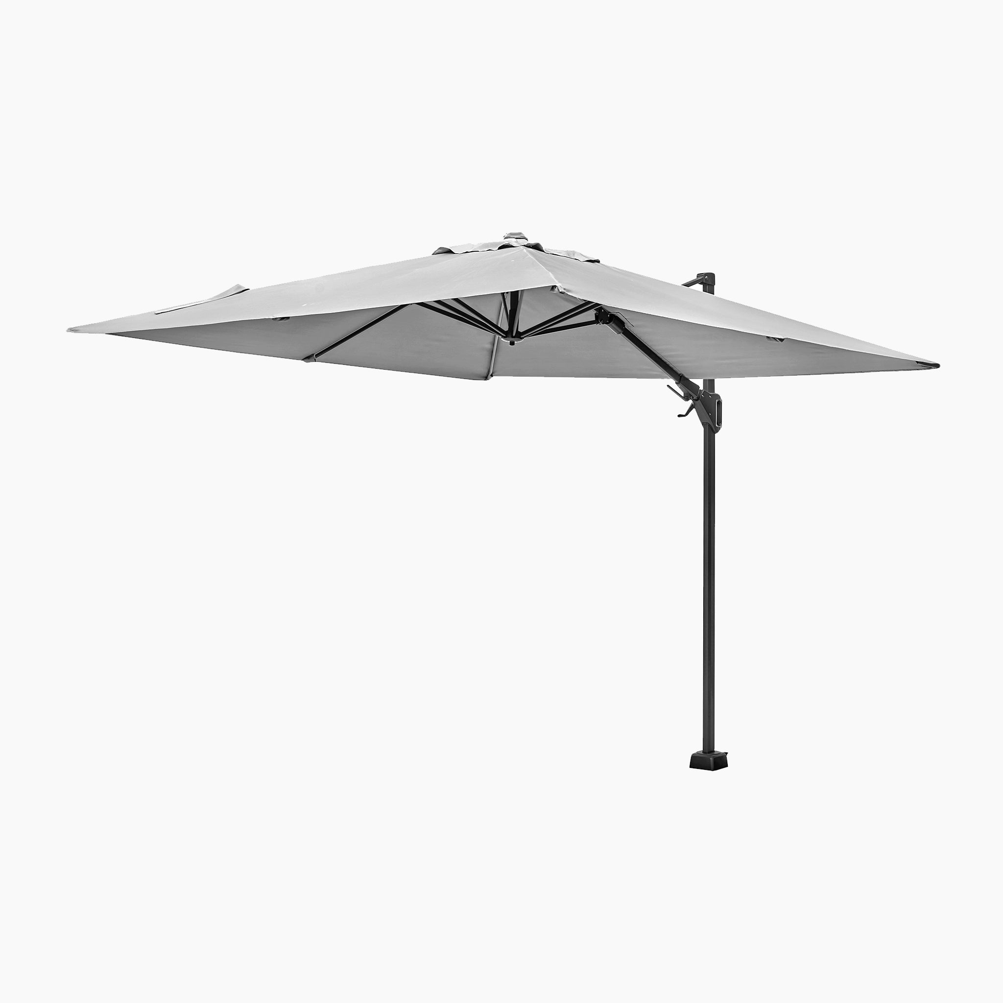 Voyager T2 2.7m Square Cantilever Parasol in Grey with a 90kg granite base, featuring a rectangular canopy and side pole made from powder-coated aluminium, is shown on a white background.