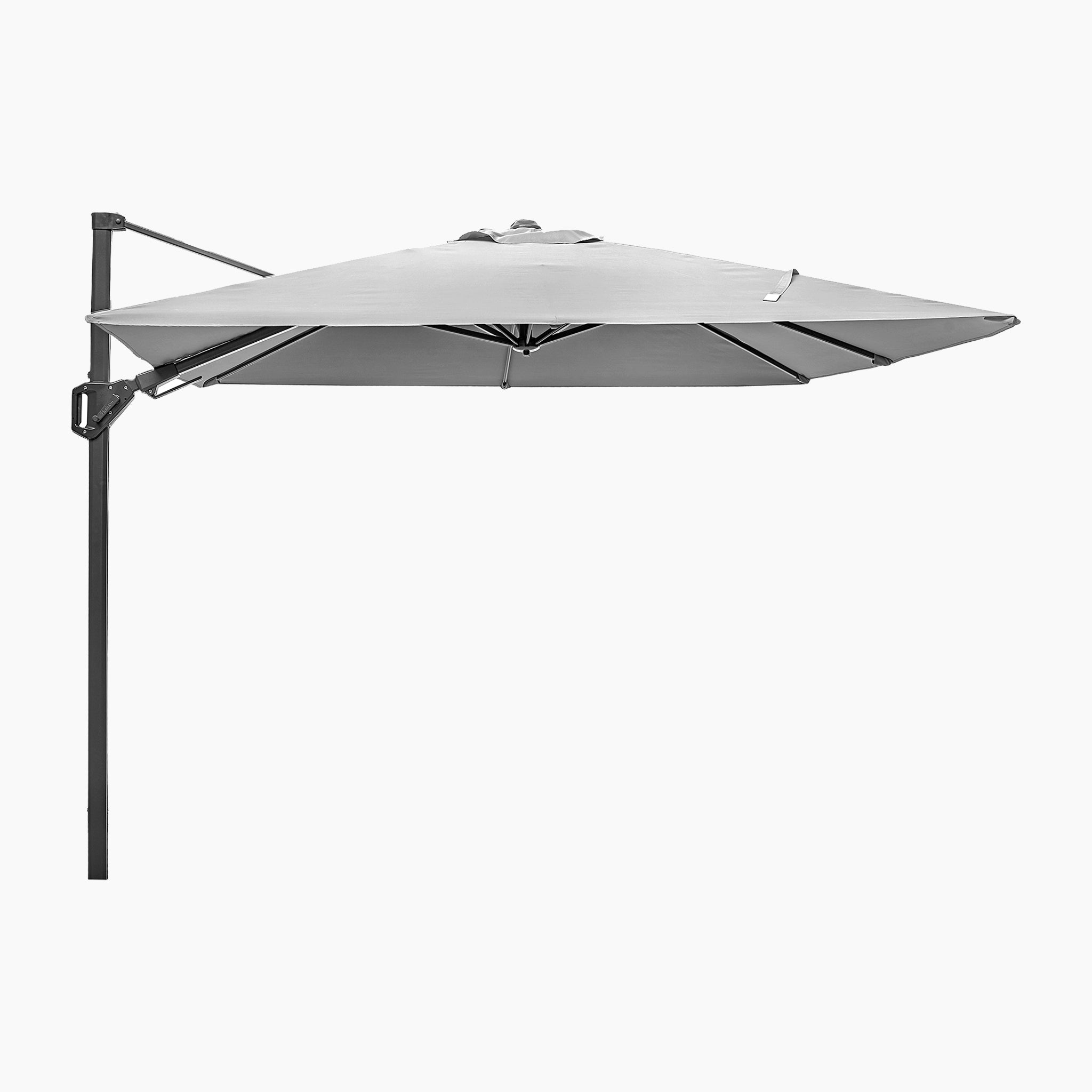 The Voyager T2 2.7m Square Cantilever Parasol in Grey features a side pole, extended canopy, and durable powder-coated aluminium frame. Includes a 90kg granite base.