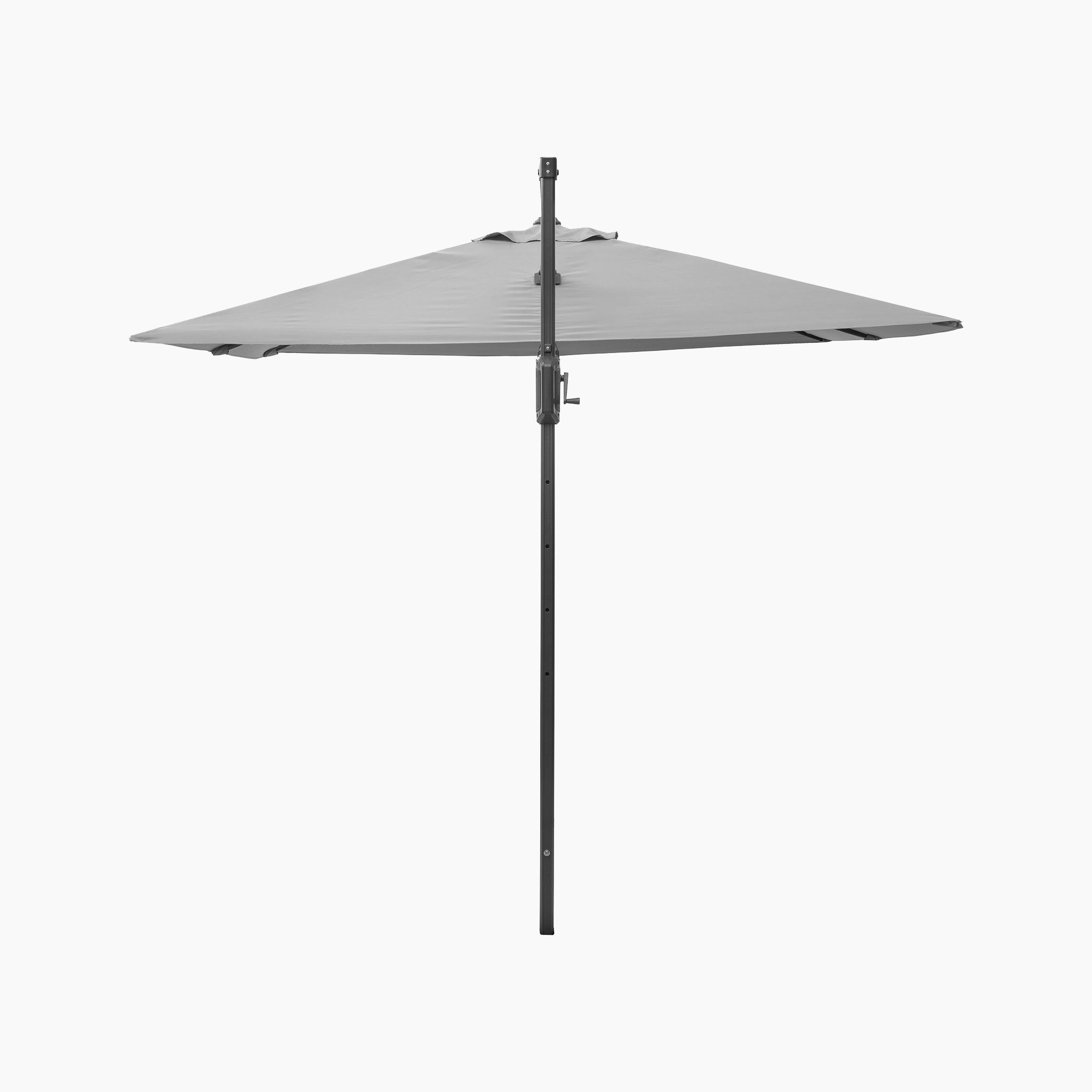Voyager T2 2.7m Square Cantilever Parasol in Grey with a 90kg granite base, featuring a straight black powder-coated aluminium pole, is shown from the side against a white background.