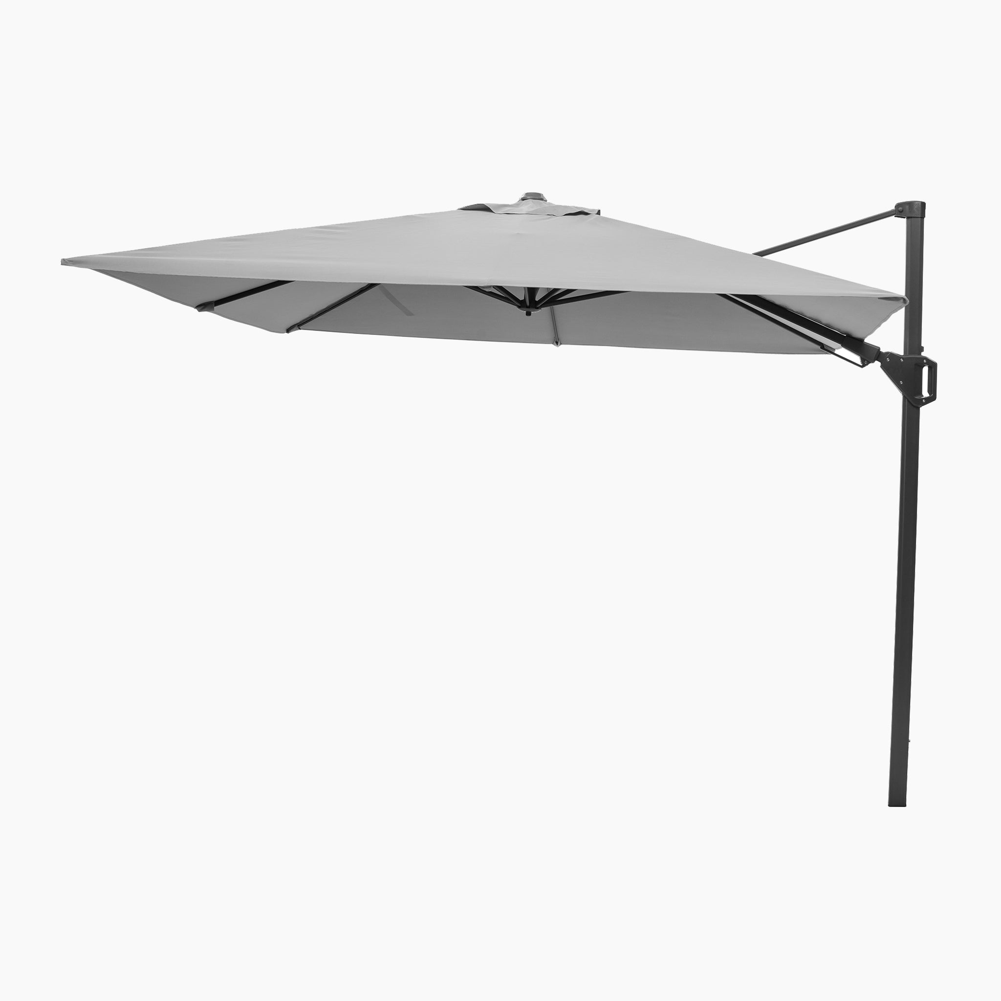 The Voyager T2 2.7m Square Cantilever Parasol in Grey features a flat square canopy, side pole, and sturdy powder-coated aluminium frame, and comes with a 90kg granite base for stability.