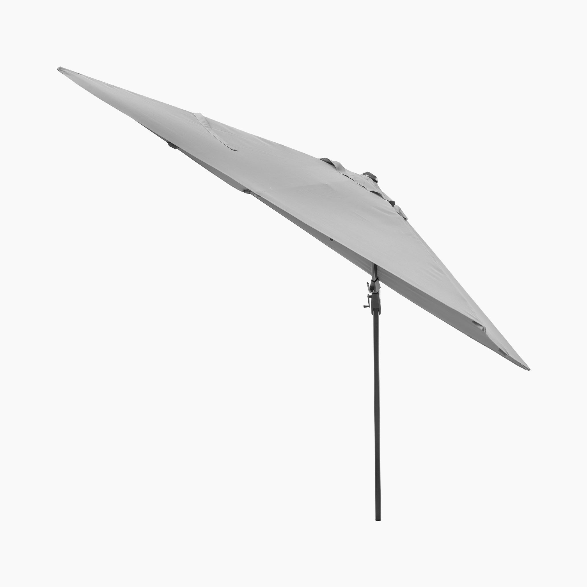 Side view of the Voyager T2 2.7m Square Cantilever Parasol in Grey with a powder-coated aluminium black pole and 90kg granite base, closed against a plain white background.
