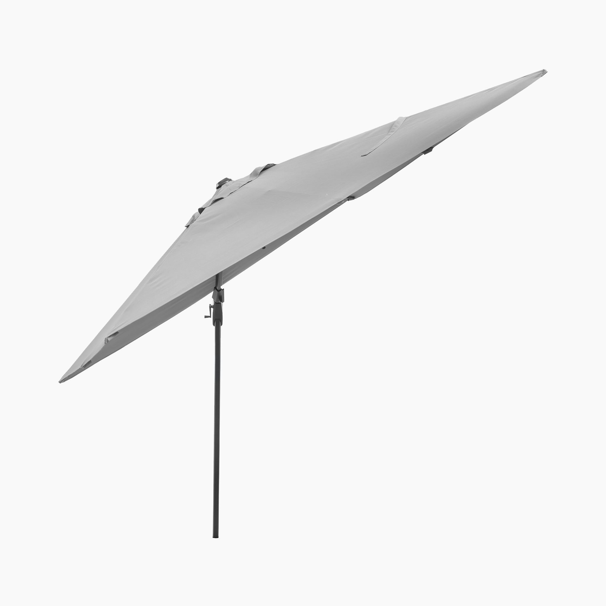 Side view of the Voyager T2 2.7m Square Cantilever Parasol in Grey with a black pole, powder-coated aluminium frame, and 90kg granite base, shown against a white background.
