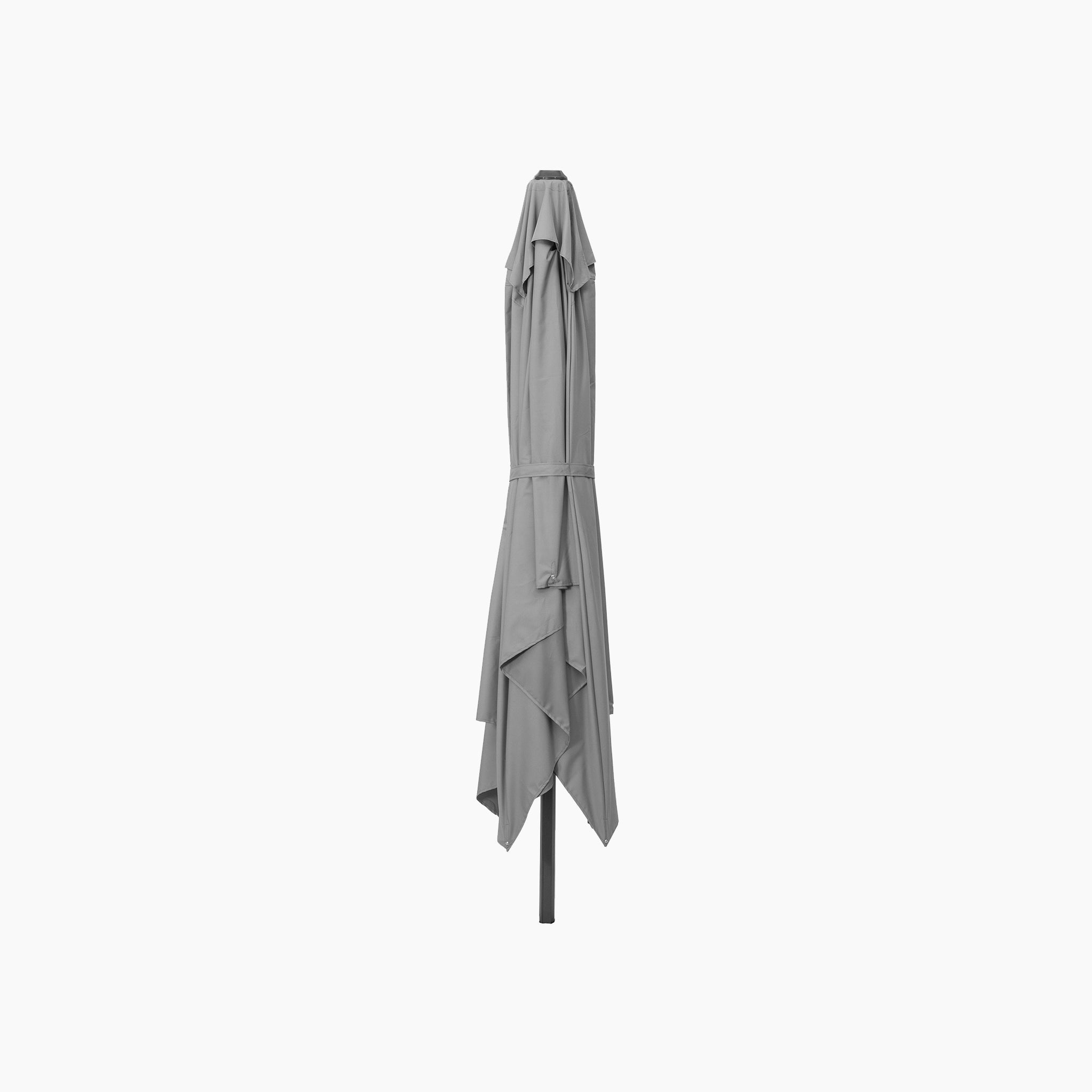 Voyager T2 2.7m Square Cantilever Parasol in Grey with 90kg Granite Base, made from powder-coated aluminium, is neatly closed and standing upright against a plain white background.