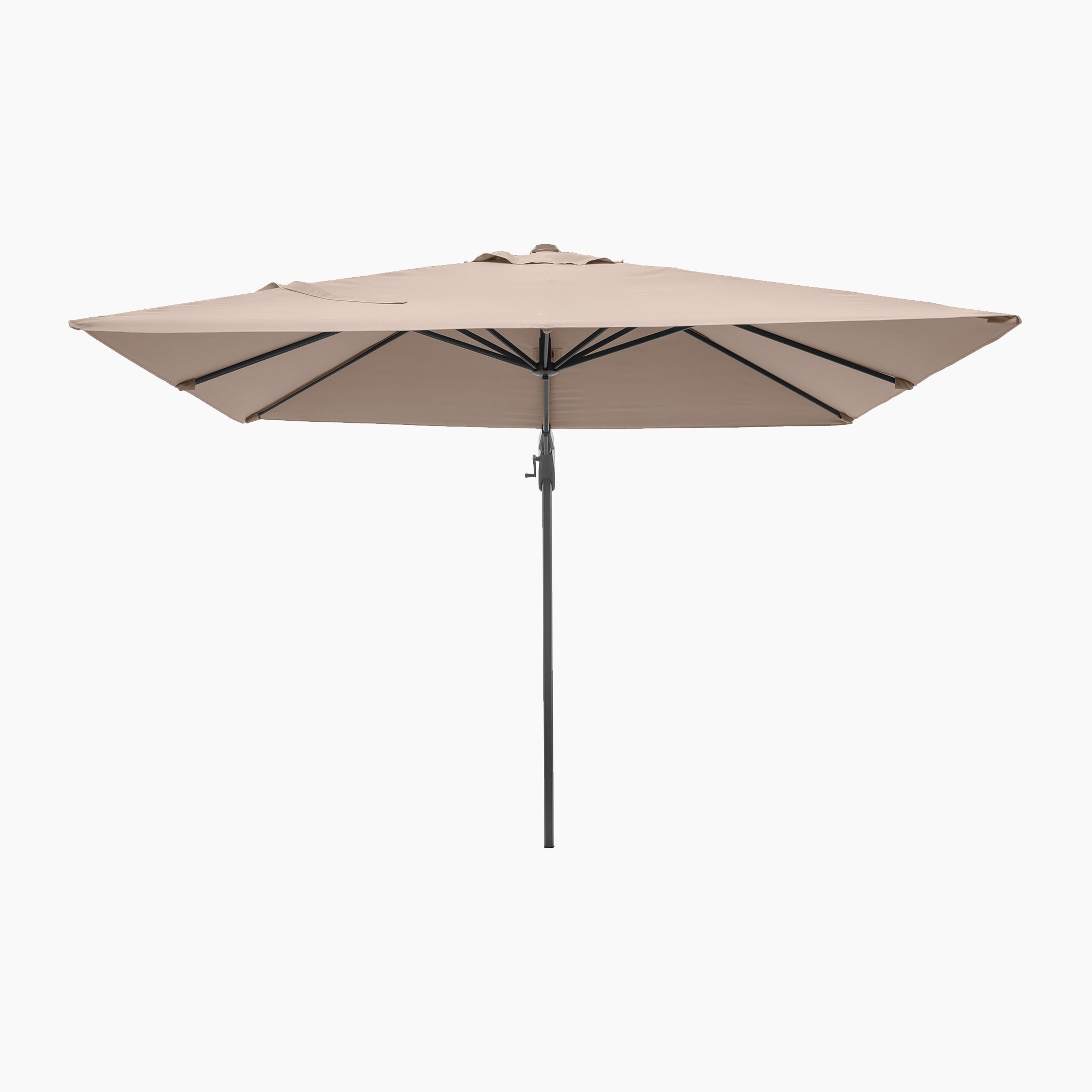 Voyager T2 2.7m Square Cantilever Parasol in Taupe, featuring a black powder-coated aluminium pole and ribs, set against a plain white background.
