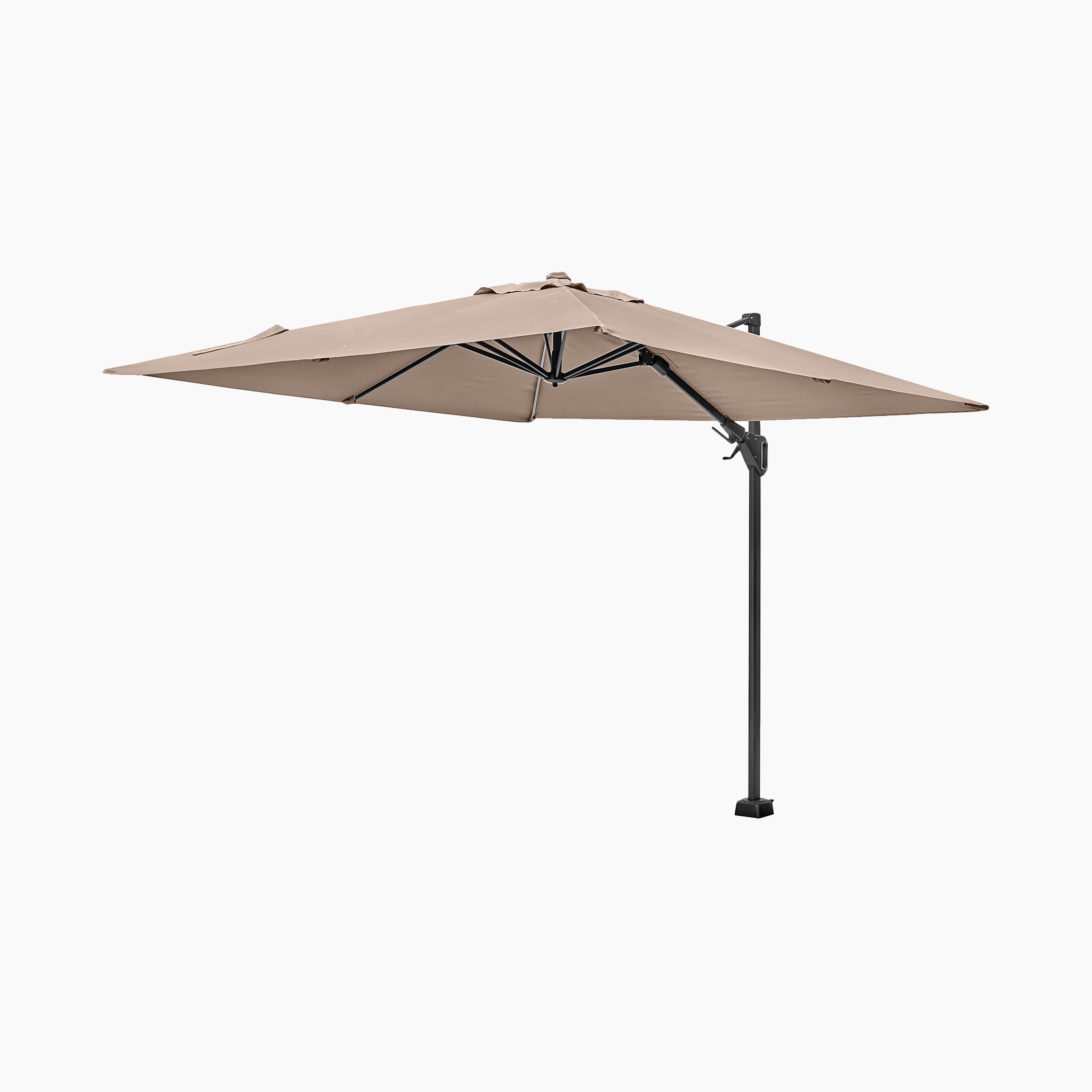 Voyager T2 2.7m Square Cantilever Parasol in Taupe with a black powder-coated aluminium stand, shown against a plain white background.