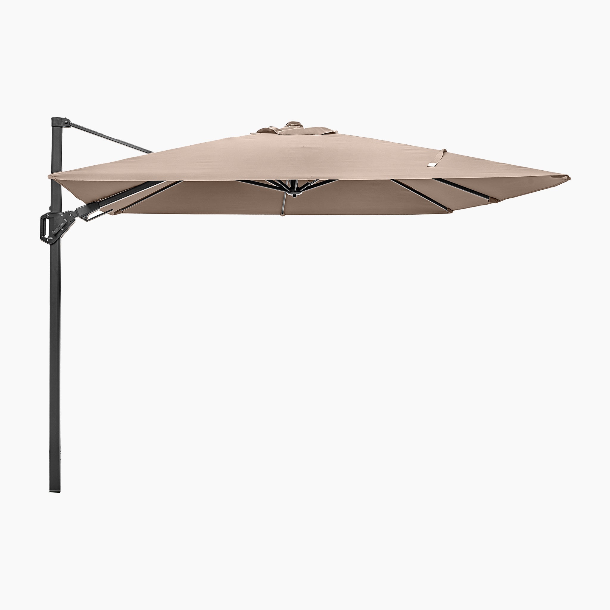 Side view of the Voyager T2 2.7m Square Cantilever Parasol in Taupe, featuring a black metal frame and base with a sleek, modern design.