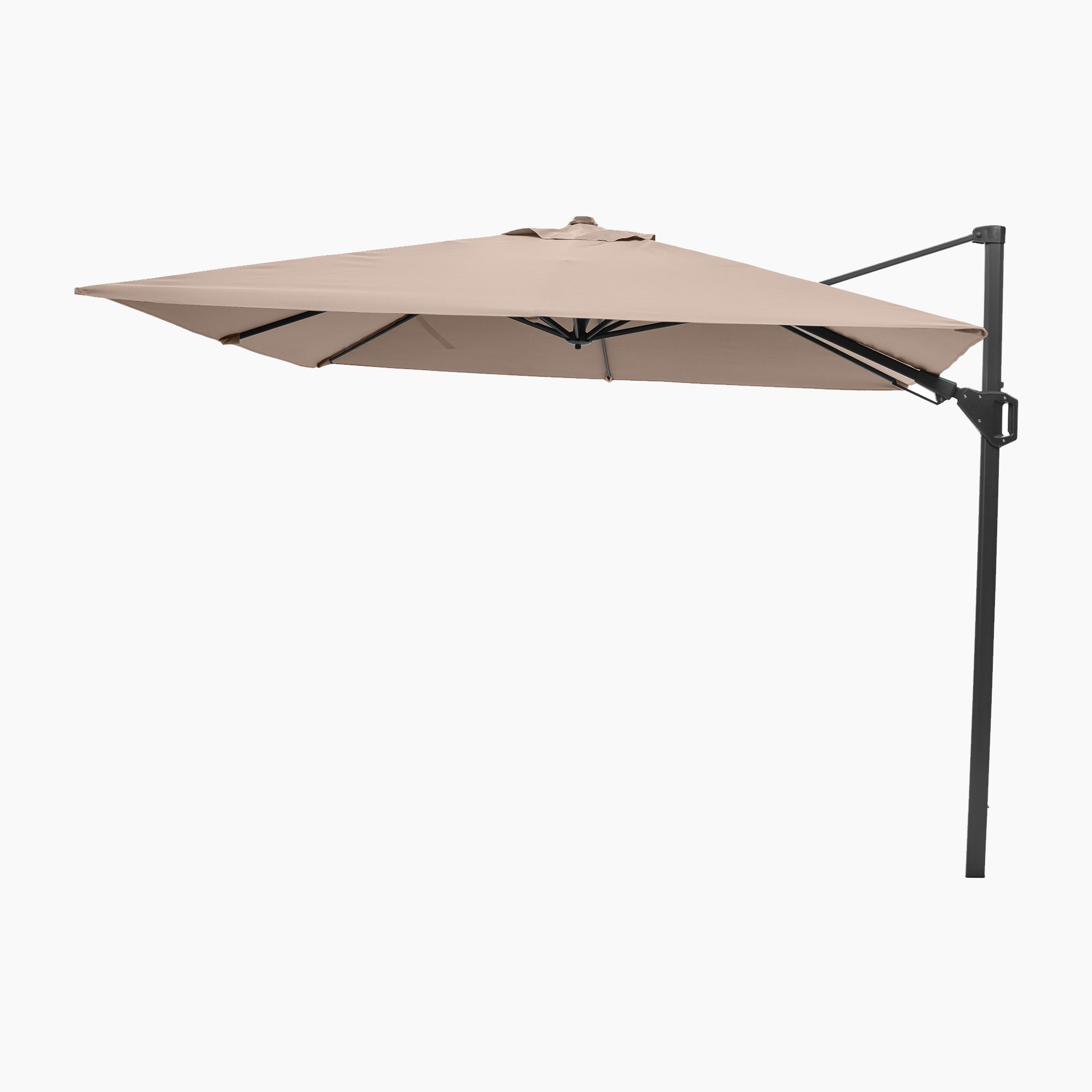 Voyager T2 2.7m Square Cantilever Parasol in Taupe with a black powder-coated aluminium stand, shown open against a white background.