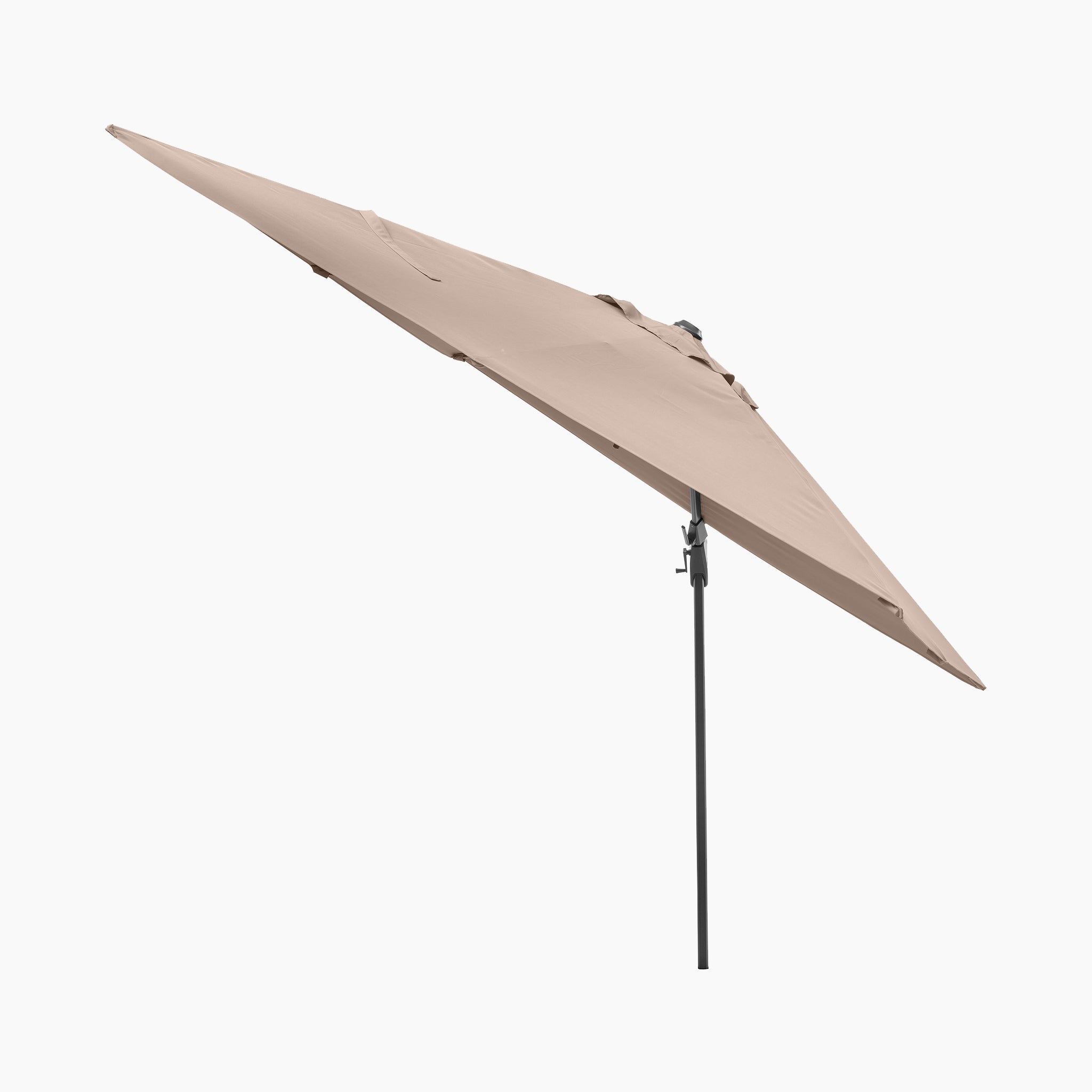 Voyager T2 2.7m Square Cantilever Parasol in Taupe, shown with a protective cover, is tilted sideways on a powder-coated aluminium pole against a white background.