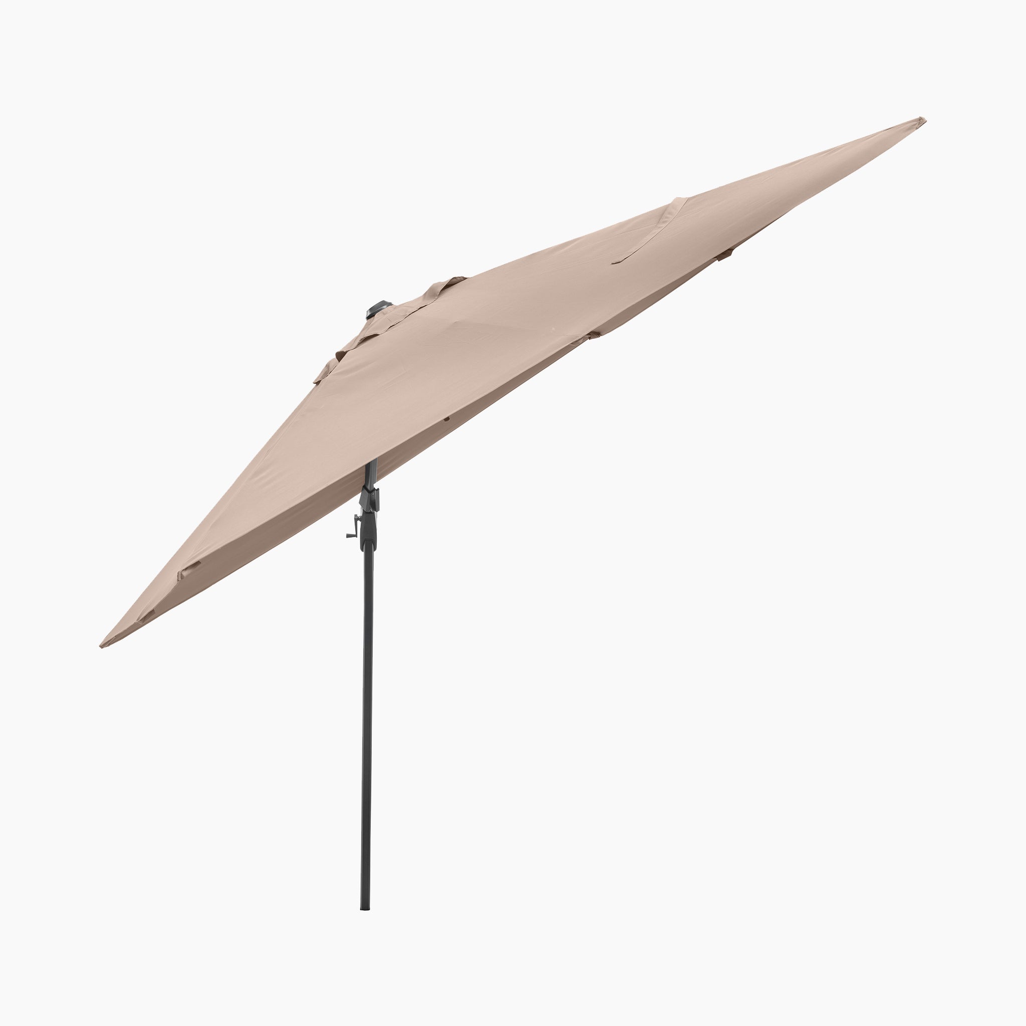 The Voyager T2 2.7m Square Cantilever Parasol in Taupe features a black powder-coated aluminium pole and is shown fully open from a side angle against a white background.