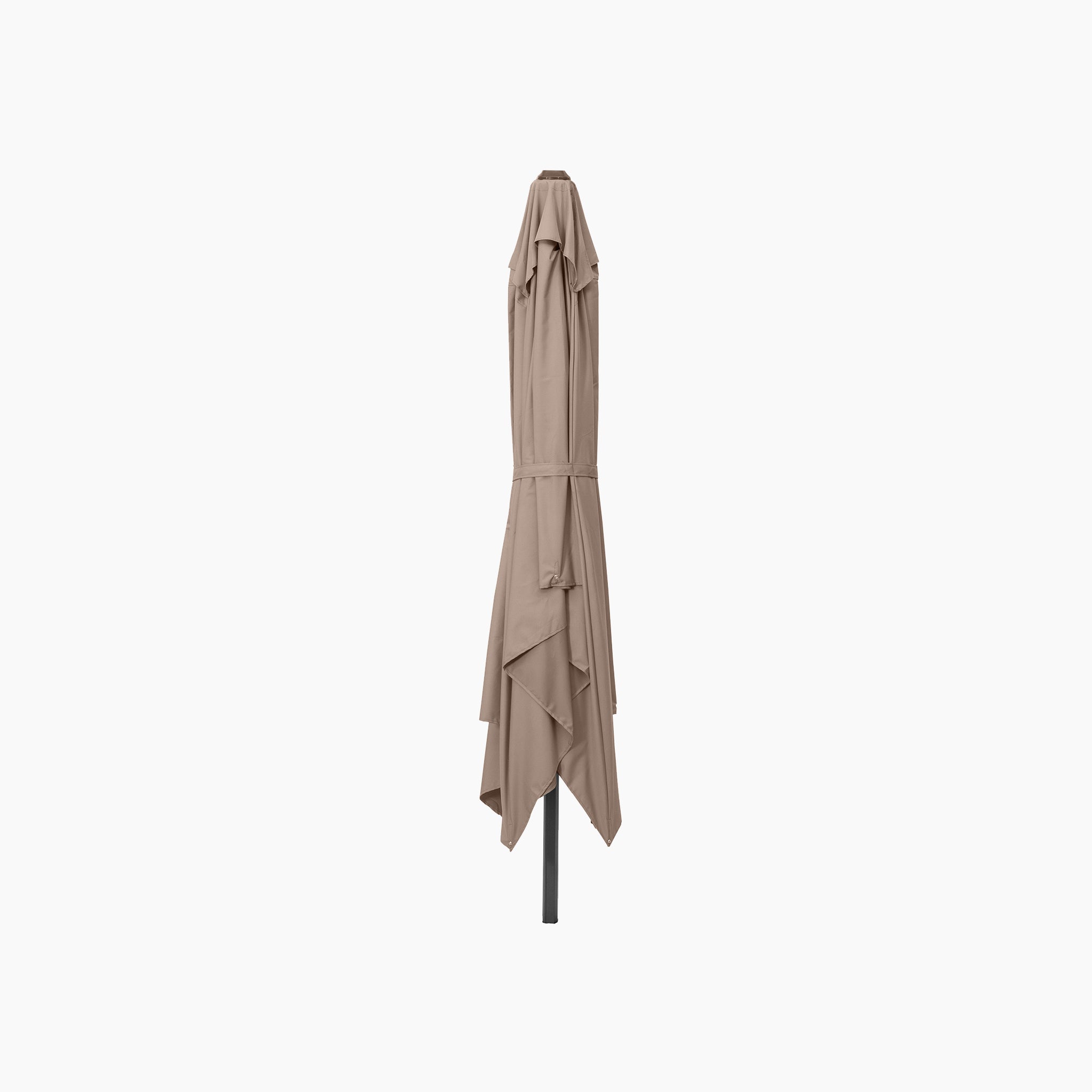 Voyager T2 2.7m Square Cantilever Parasol in Taupe, shown closed with the fabric neatly wrapped and tied, stands upright on its powder-coated aluminium pole.