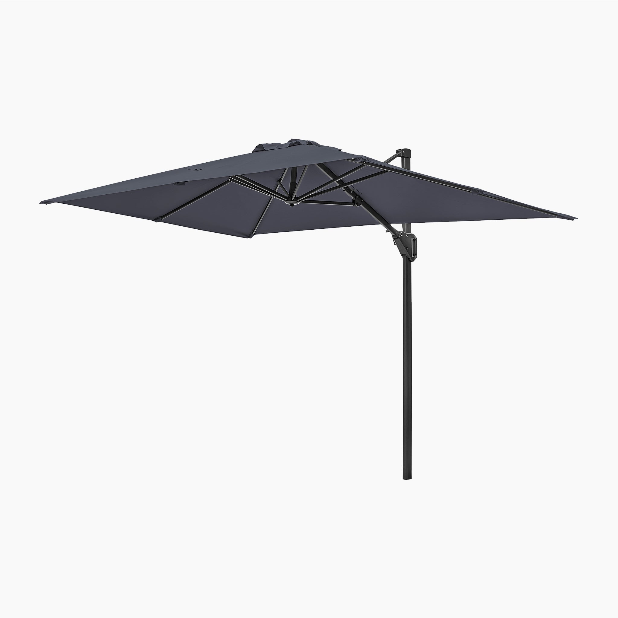 The Voyager T1 3m x 2m Rectangular Cantilever Parasol in Anthracite features a side pole, tilt function, powder-coated aluminum frame, and includes a 90kg granite base, shown against a white background.