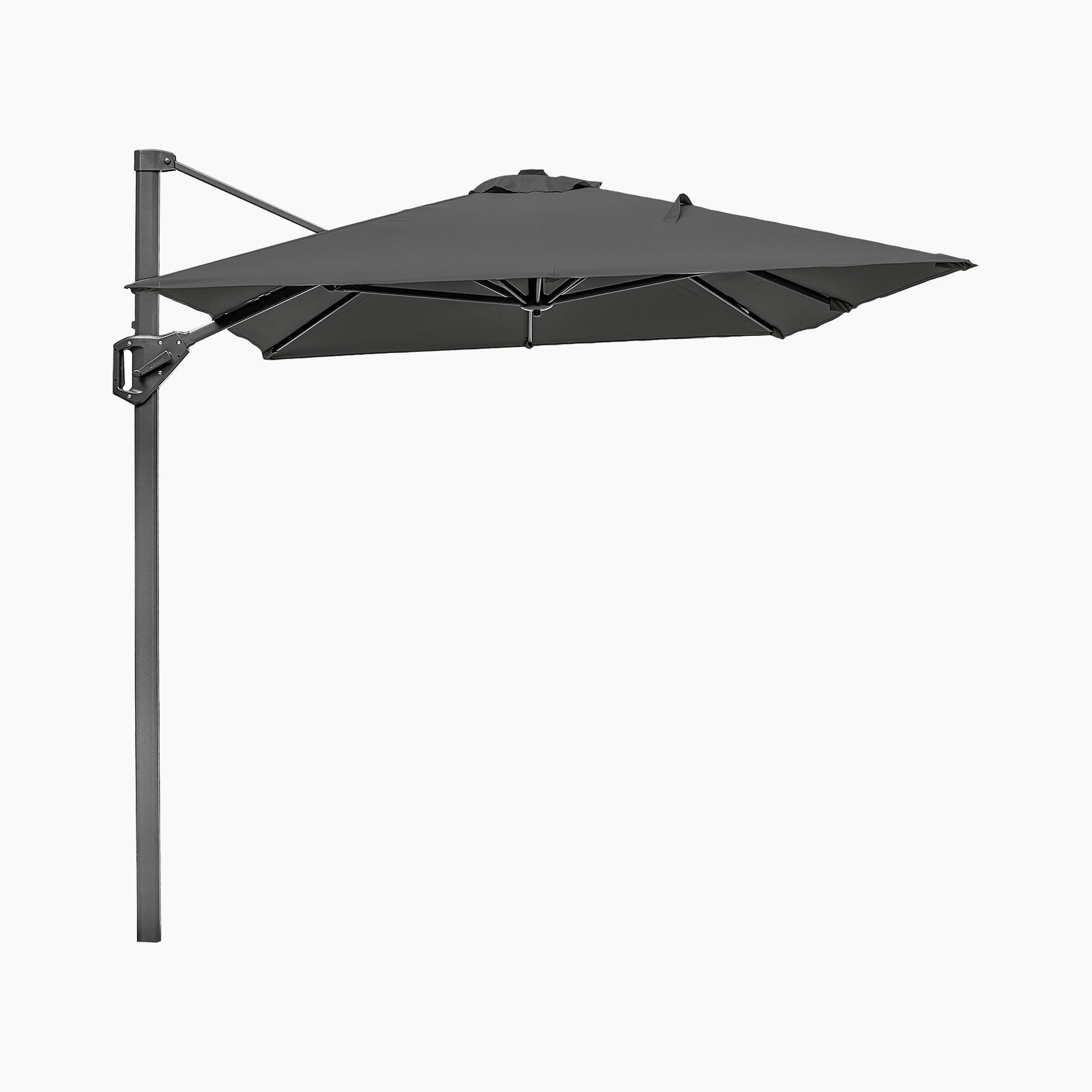 The Voyager T1 3m x 2m Rectangular Cantilever Parasol in Anthracite, shown with a 90kg granite base against a white background, provides stylish shade and UV protection with its elegant design.