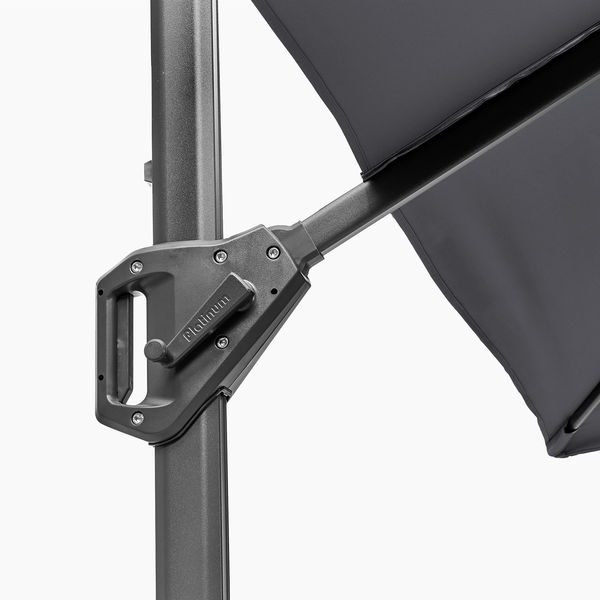 Close-up of the crank handle mechanism on the Voyager T1 3m x 2m Rectangular Cantilever Parasol in Anthracite, shown with a dark gray powder-coated aluminium pole and 90kg granite base.