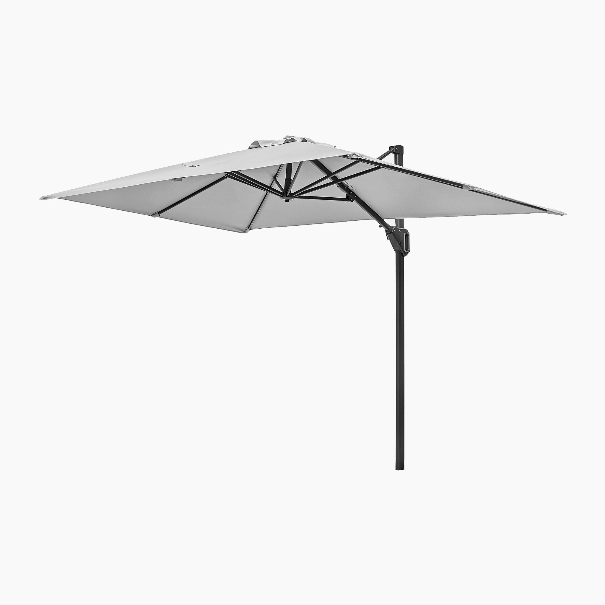 The Voyager T1 3m x 2m Rectangular Cantilever Parasol in Grey includes a black frame and pole, convenient tilt system, extended open design, and comes with a 90kg granite base.