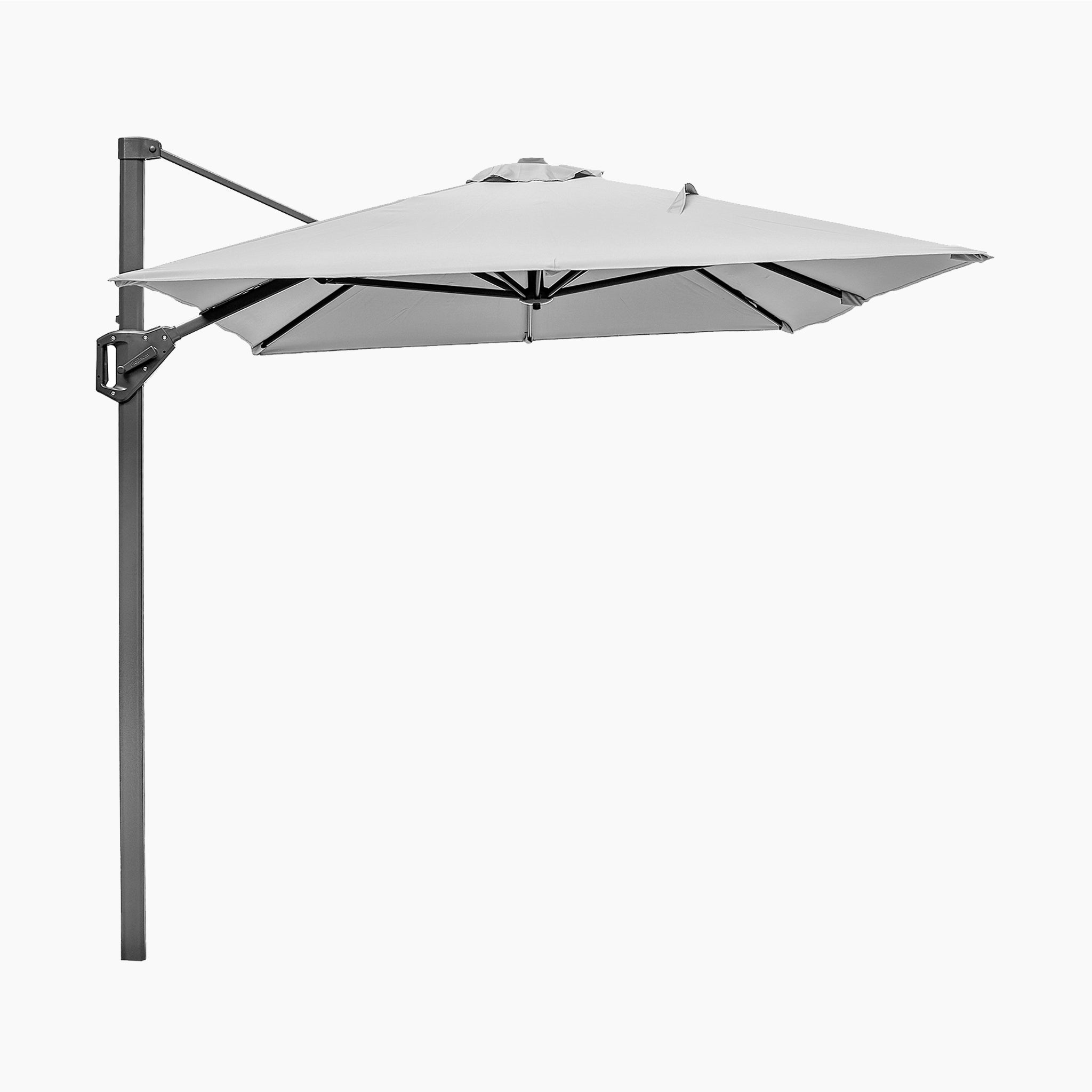 The Voyager T1 3m x 2m Rectangular Cantilever Parasol in Grey with a black pole and tilt system is shown from the side against a white background, paired with a 90kg granite base.