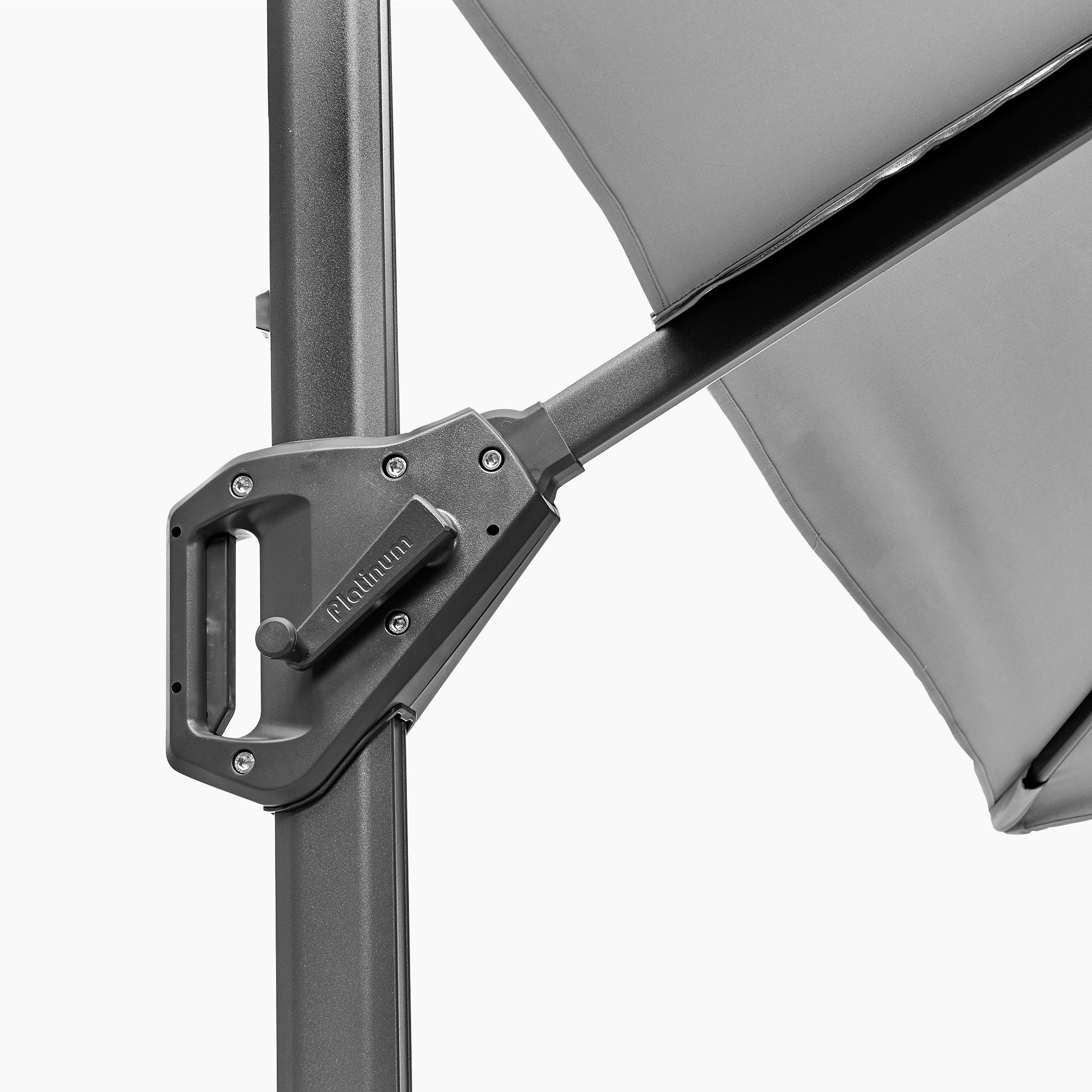 Close-up of the crank handle mechanism on the Voyager T1 3m x 2m Rectangular Cantilever Parasol in Grey with 90kg Granite Base, featuring a tilt system, set against a white background.