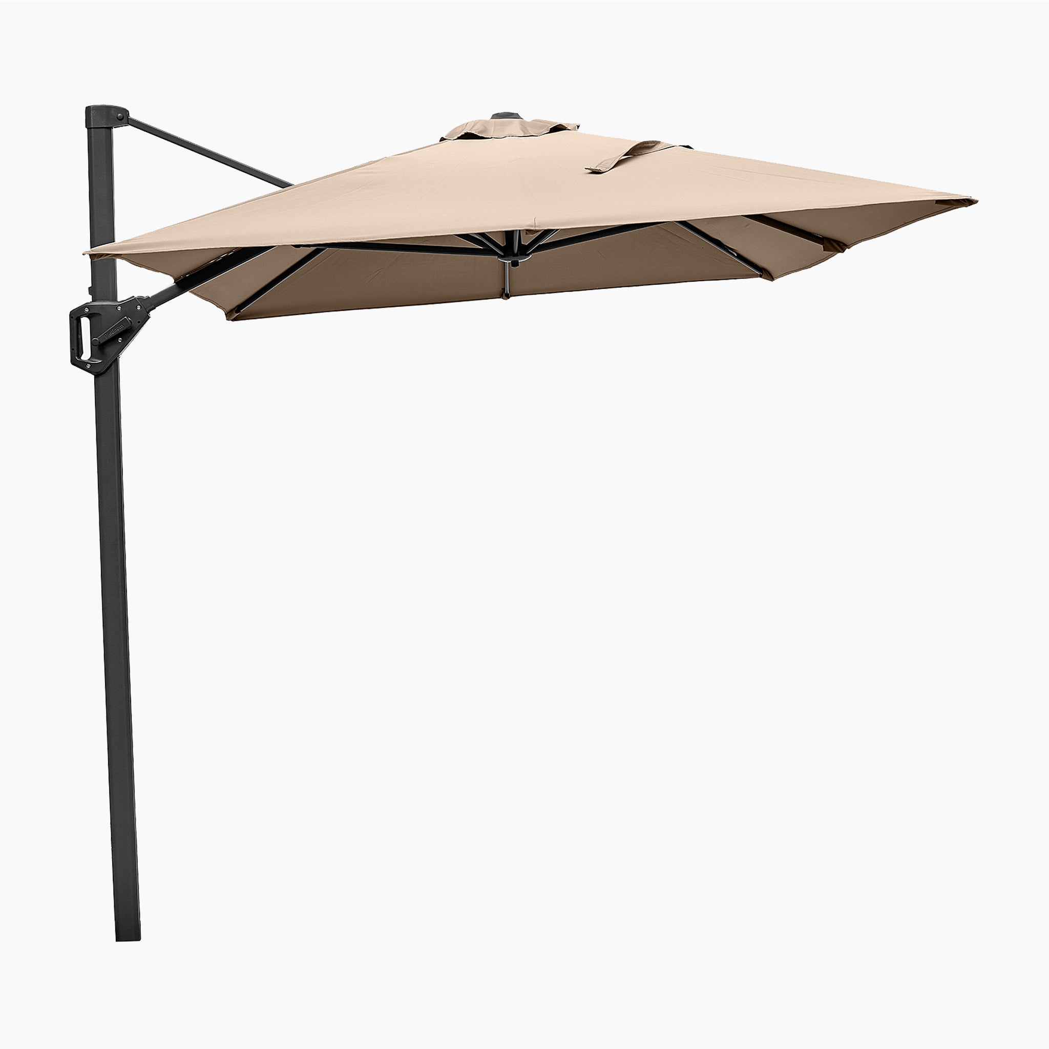 The Voyager T1 3m x 2m Rectangular Cantilever Parasol in Taupe with a black metal frame and 90kg granite base, featuring a tilt system, is shown side-on against a white background.