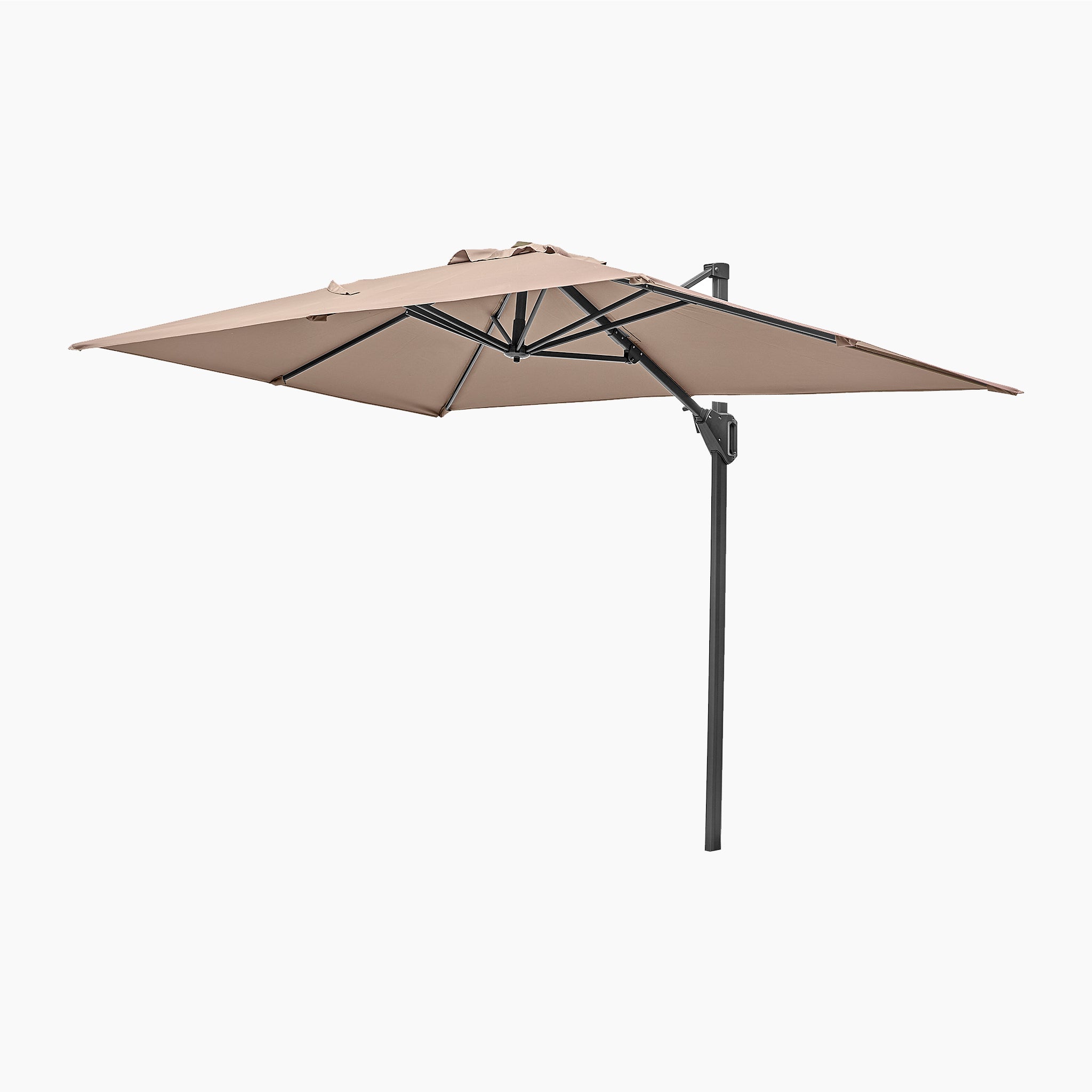 Voyager T1 3m x 2m Rectangular Cantilever Parasol in Taupe with a black frame and 90kg granite base, featuring a convenient tilt system, shown against a plain white background.