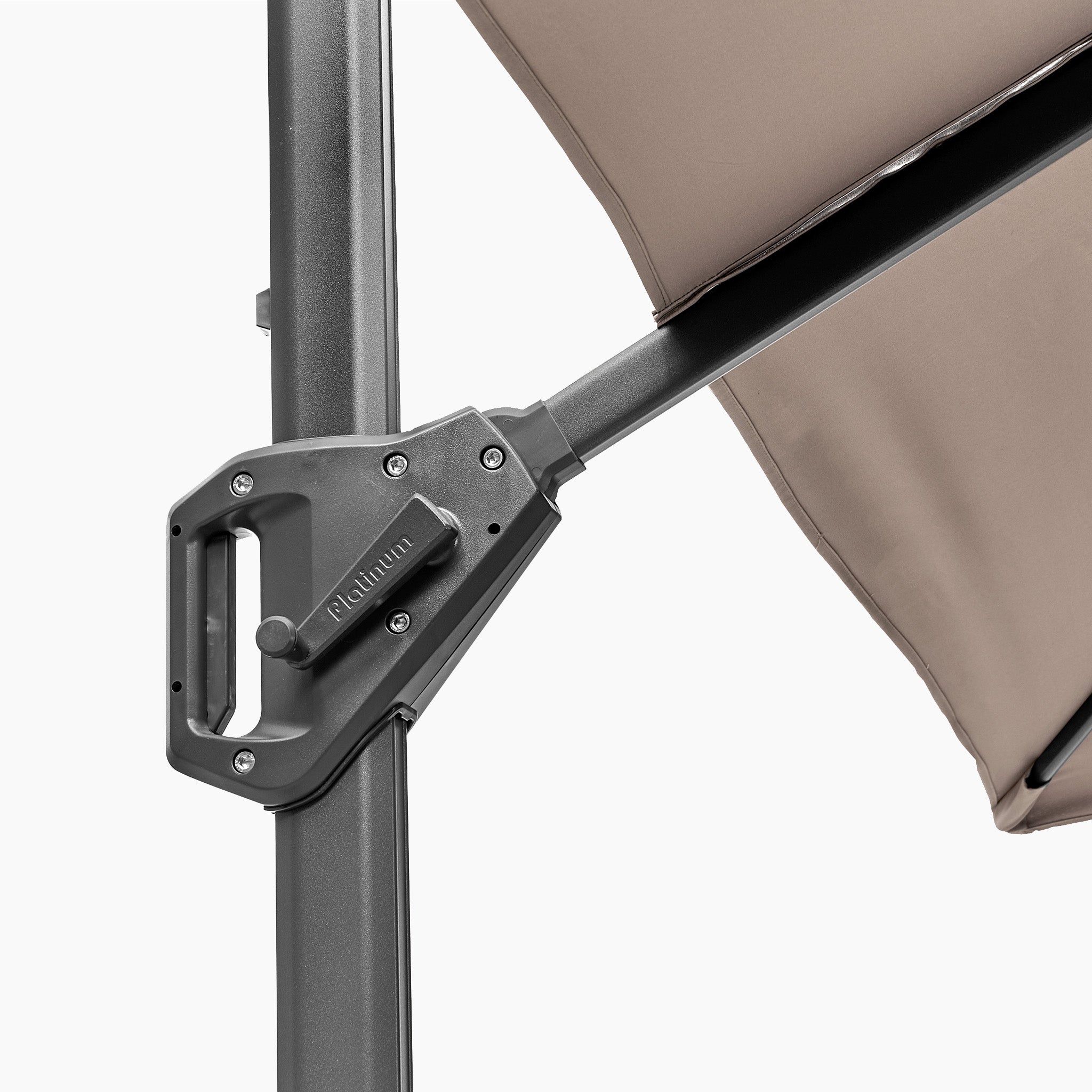 Close-up of the black metal crank handle on the Voyager T1 3m x 2m Rectangular Cantilever Parasol in Taupe, featuring its tilt system for easy angle adjustment. Parasol shown with a 90kg granite base.